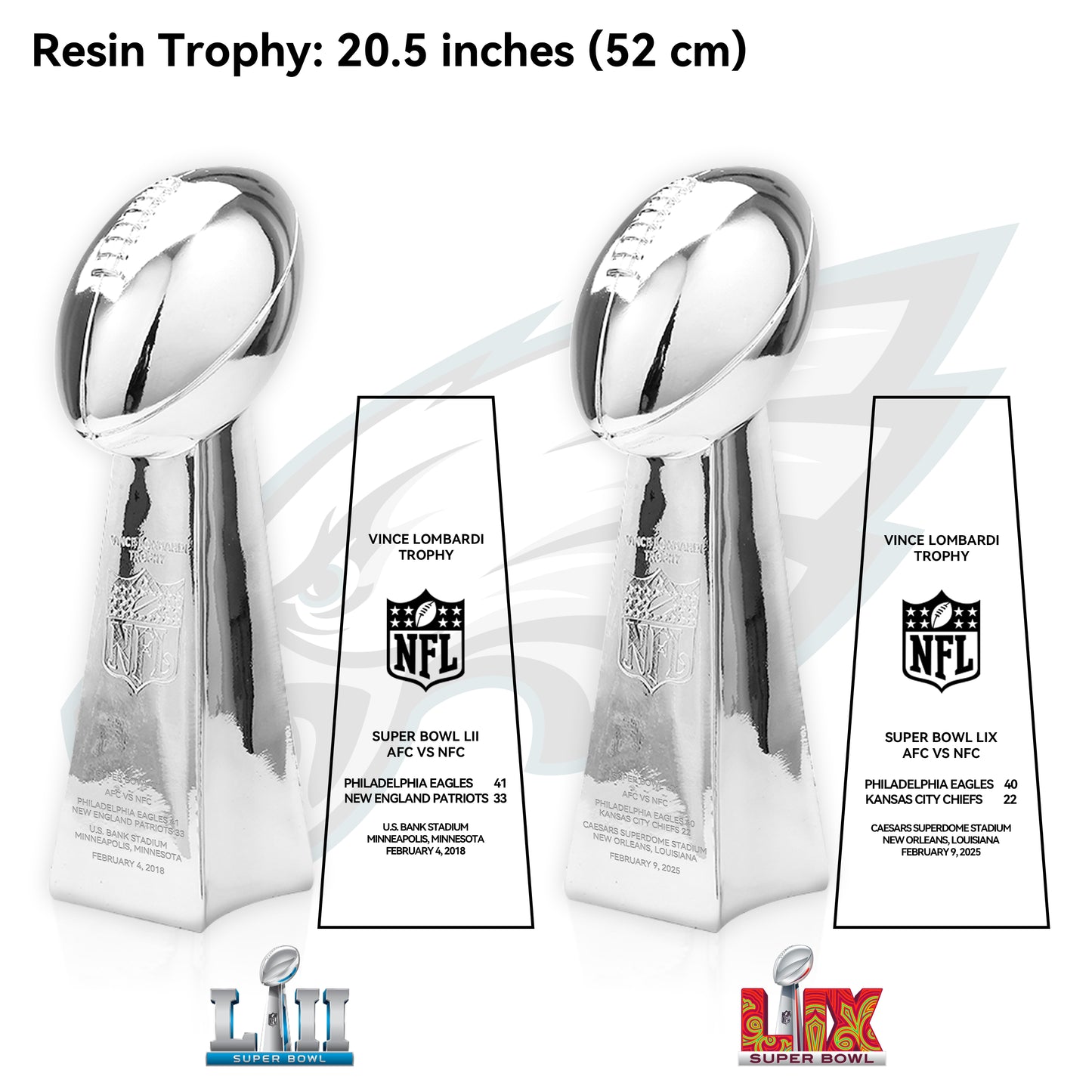 2018 +2025  Vince Lombardi Trophy, Super Bowl LII + LIX,  Philadelphia Eagles