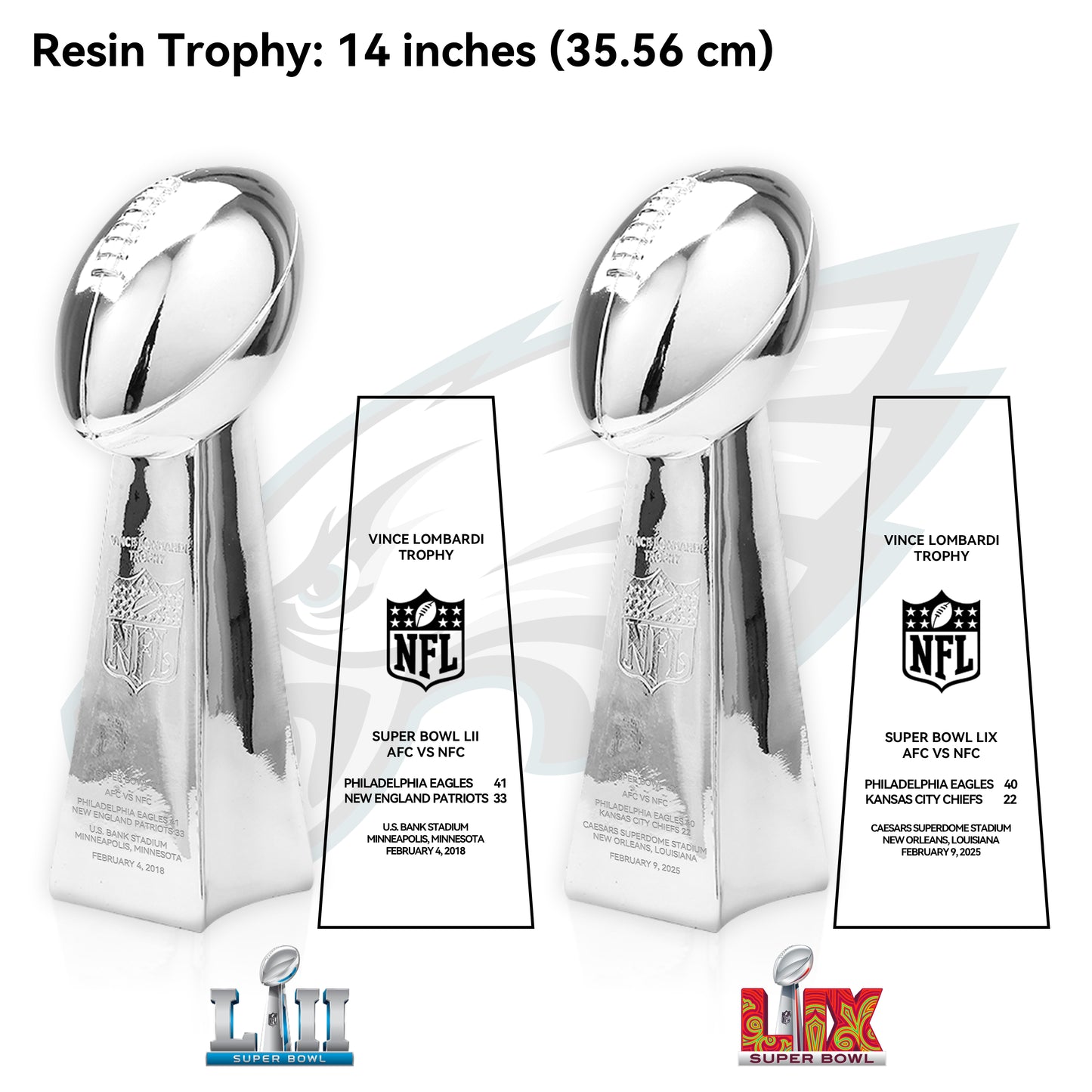 2018 +2025  Vince Lombardi Trophy, Super Bowl LII + LIX,  Philadelphia Eagles