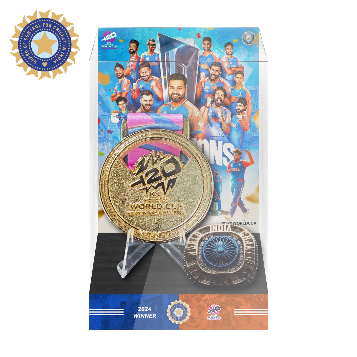 2024 Men's T20 World Cup Champion Medal and Ring Display Case