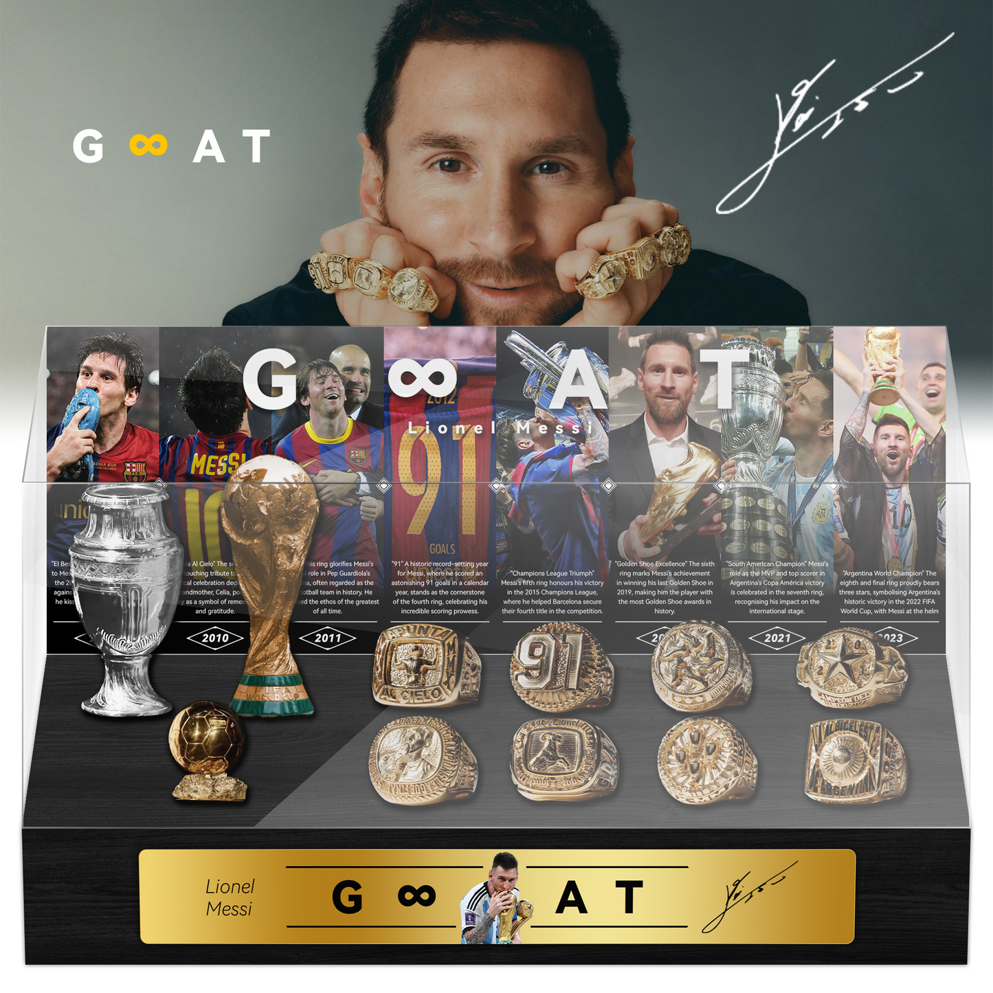 Lionel Messi Football Championship Trophy With Rings Display Case