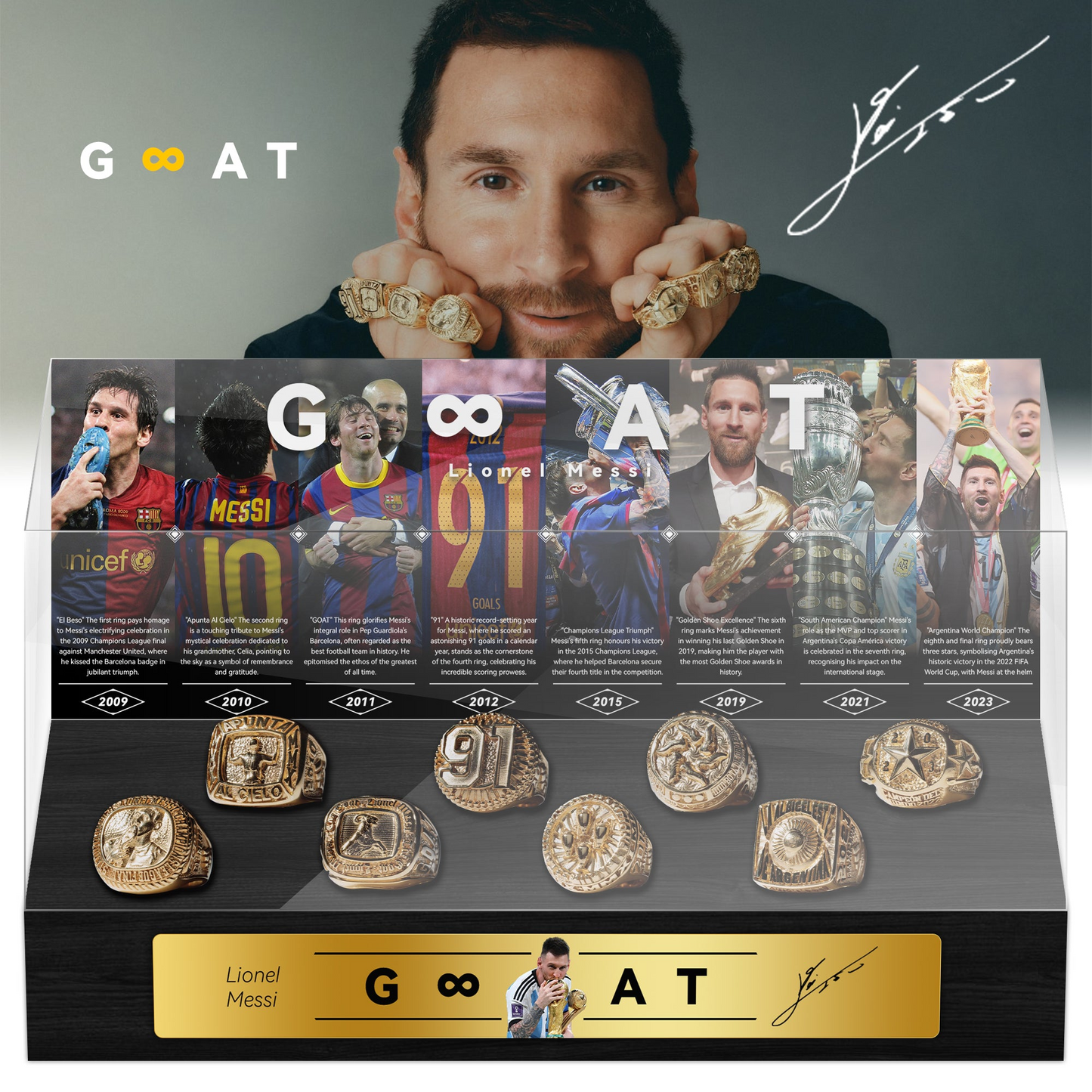 Lionel Messi Football Championship Trophy With Rings Display Case
