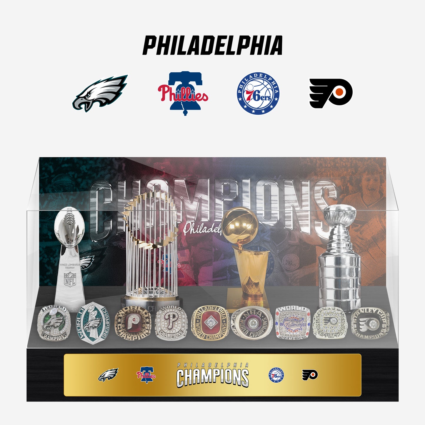 Philadelphia Championship Trophy and Rings Display Case