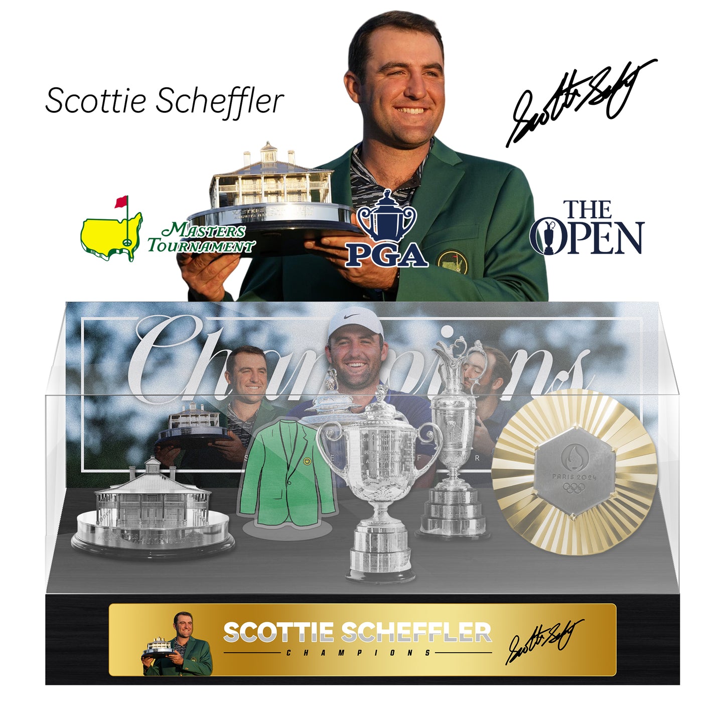Scottie Scheffler Golf Grand Slam Trophy  Display Case[Trophies Included]