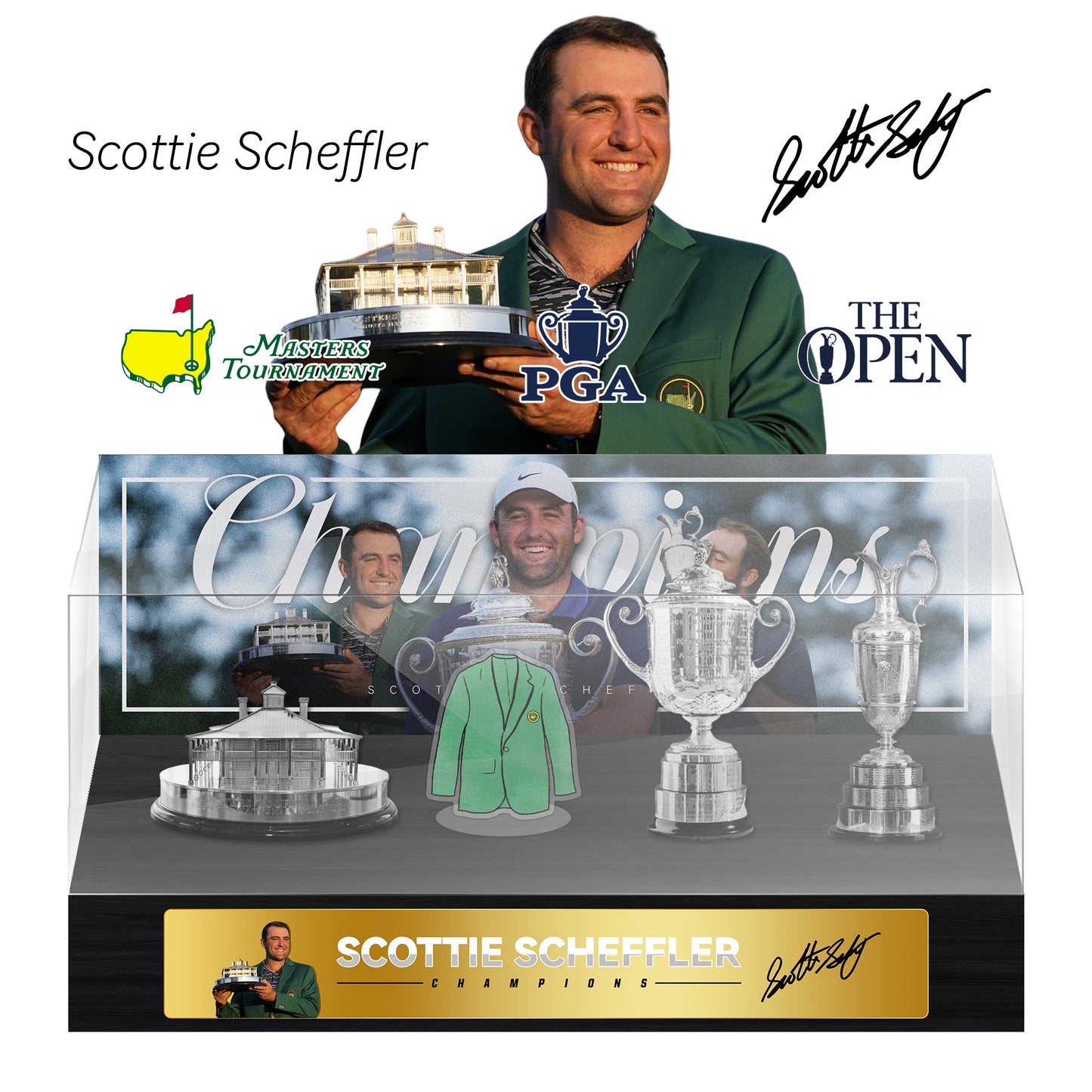 Scottie Scheffler Golf Grand Slam Trophy  Display Case[Trophies Included]