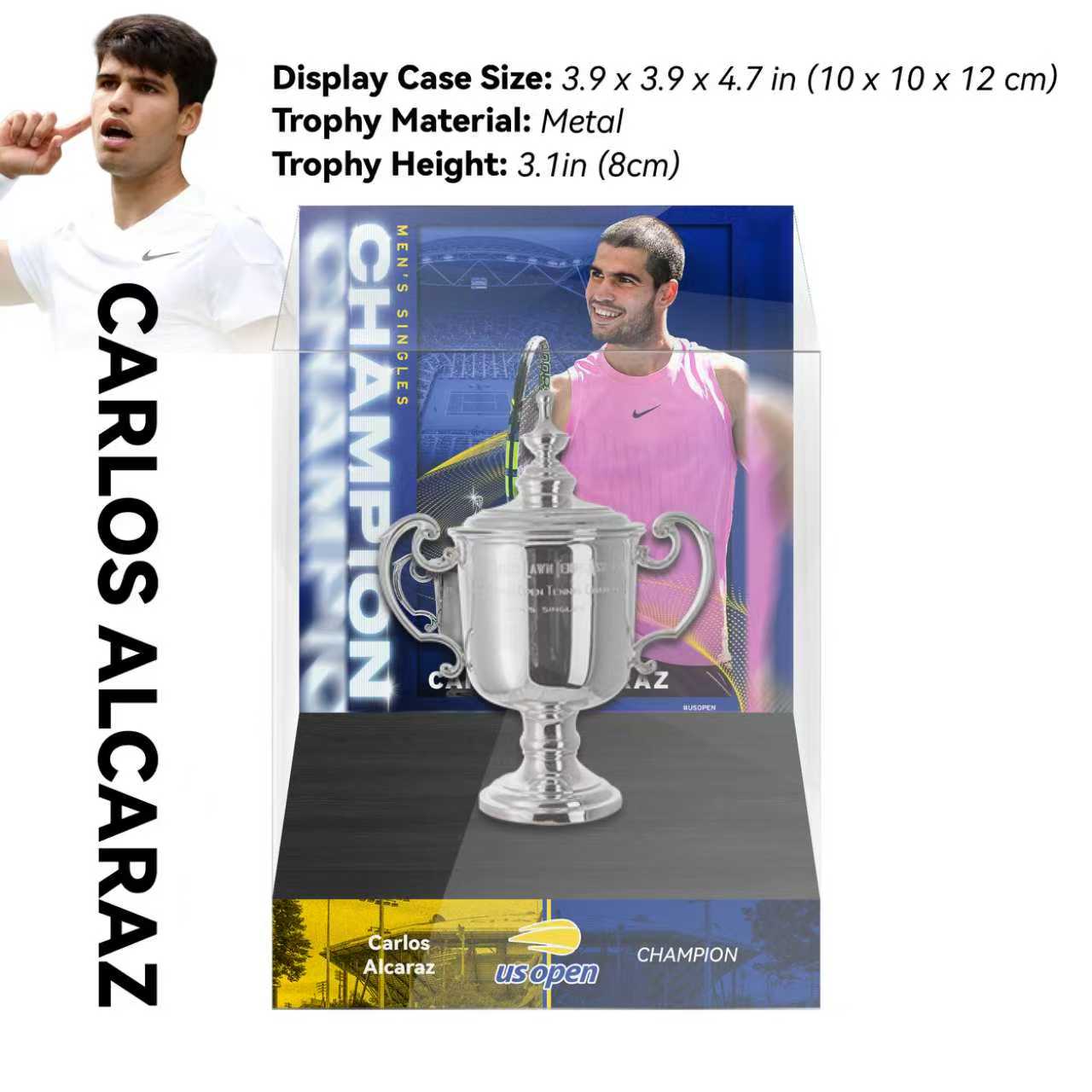 Carlos Alcaraz Men's US Open Champion 8cm Metal Tennis Trophy with Acrylic Display Case
