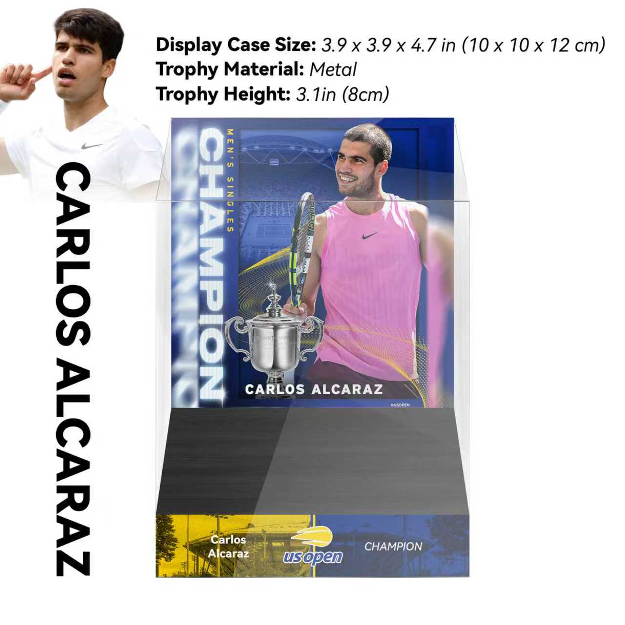 Carlos Alcaraz Men's US Open Champion 8cm Metal Tennis Trophy with Acrylic Display Case