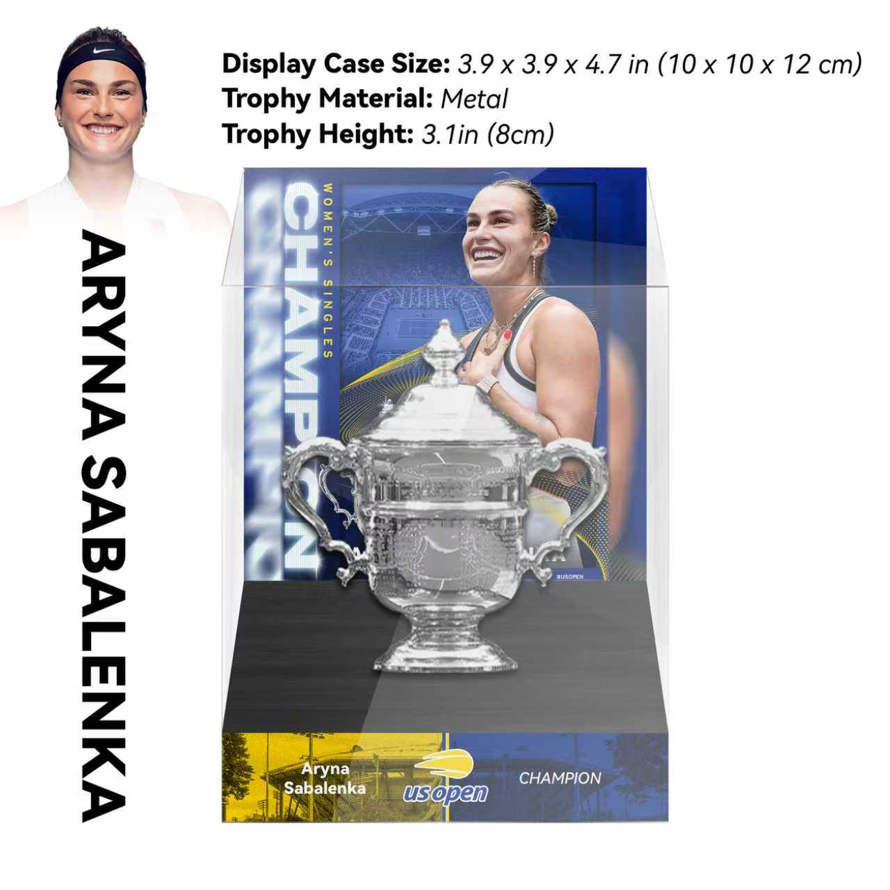 Aryna Sabalenka Women's US Open Champion 8cm Metal Tennis Trophy with Acrylic Display Case