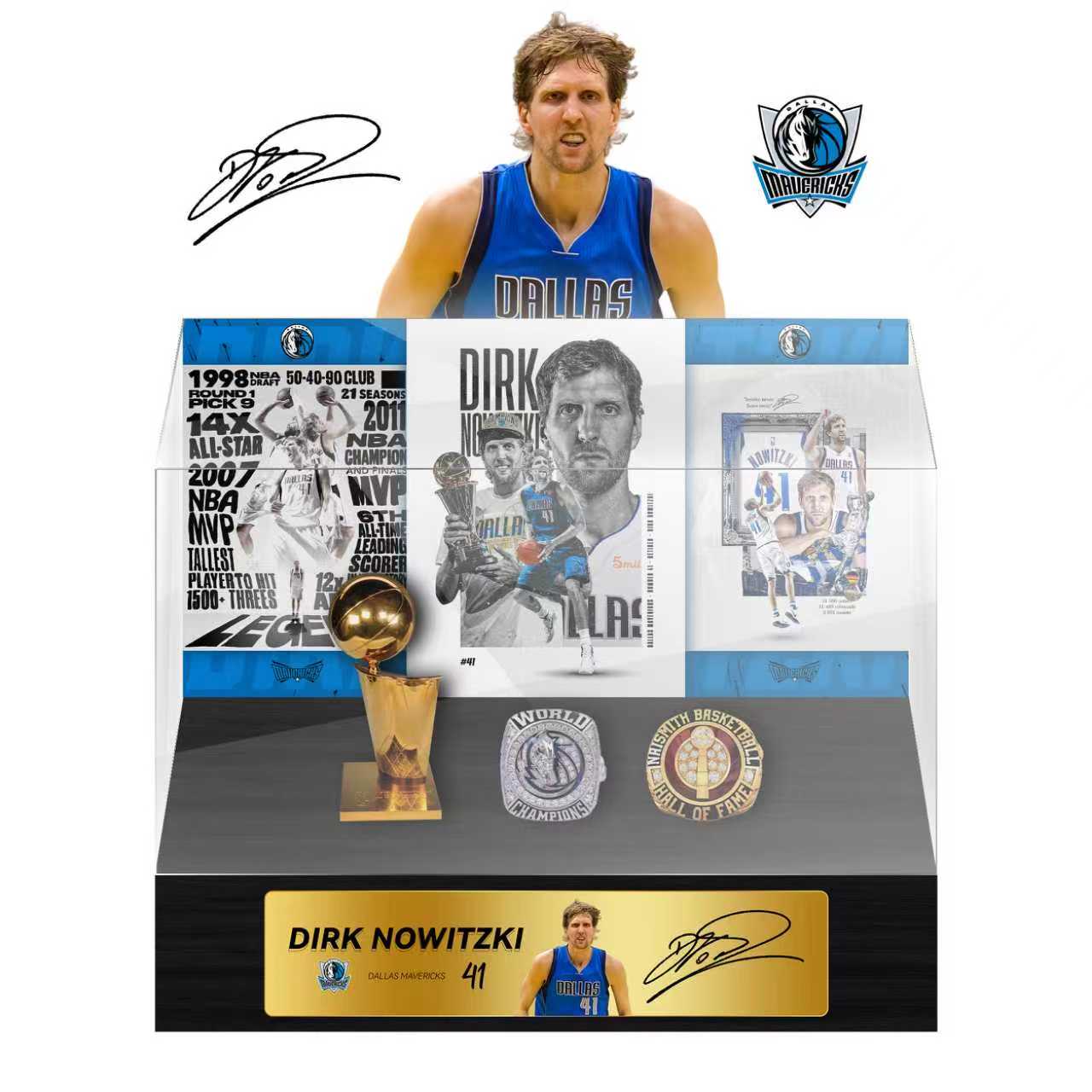 German NBA Star Dirk Nowitzki Championship Trophy & Rings Display Case (Dallas Mavericks Era)