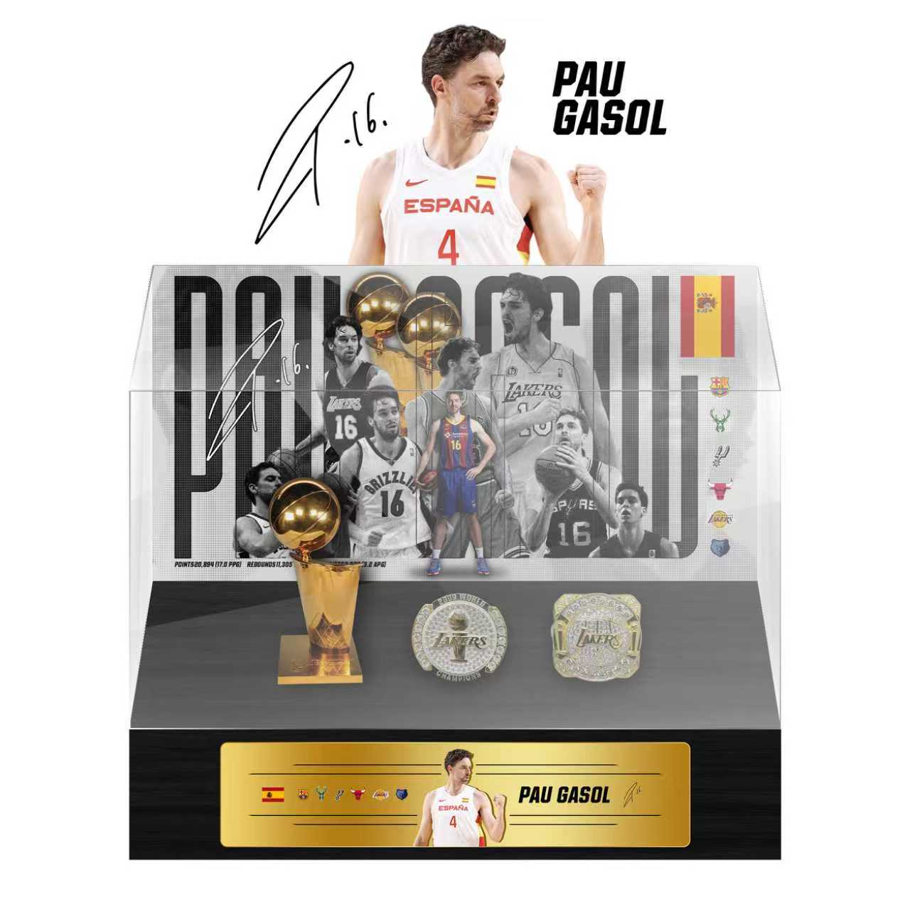 Spanish NBA Star Pau Gasol Championship Trophy & Rings Display Case (Lakers/Bulls/Spurs Era)