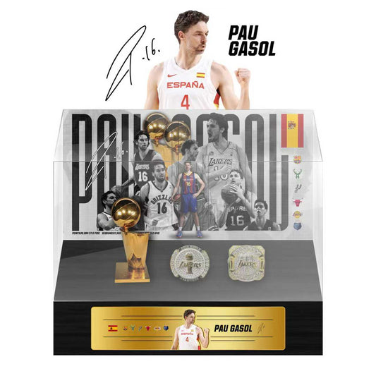 Spanish NBA Star Pau Gasol Championship Trophy & Rings Display Case (Lakers/Bulls/Spurs Era)