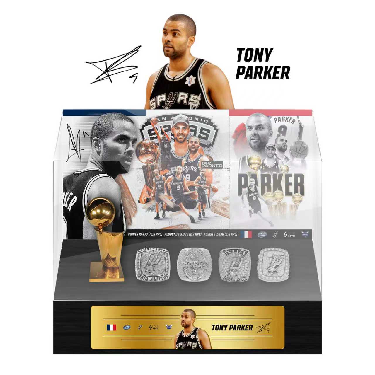 France NBA Star Tony Parker Championship Trophy & Rings Display Case (San Antonio Spurs)
