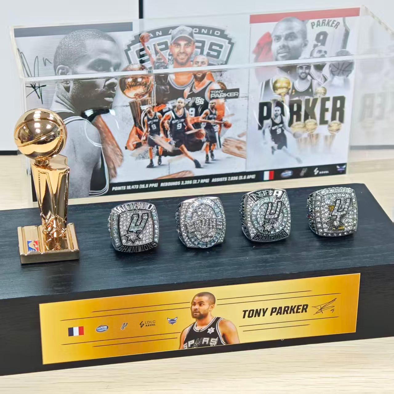 France NBA Star Tony Parker Championship Trophy & Rings Display Case (San Antonio Spurs)
