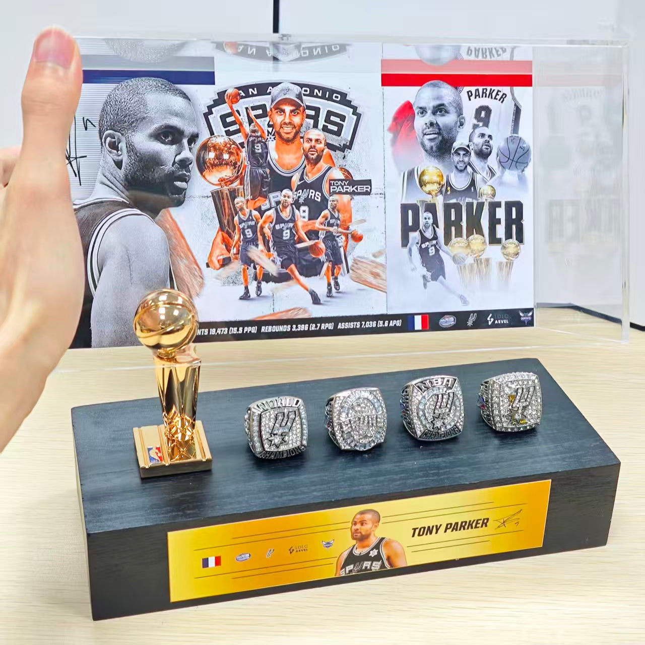 France NBA Star Tony Parker Championship Trophy & Rings Display Case (San Antonio Spurs)