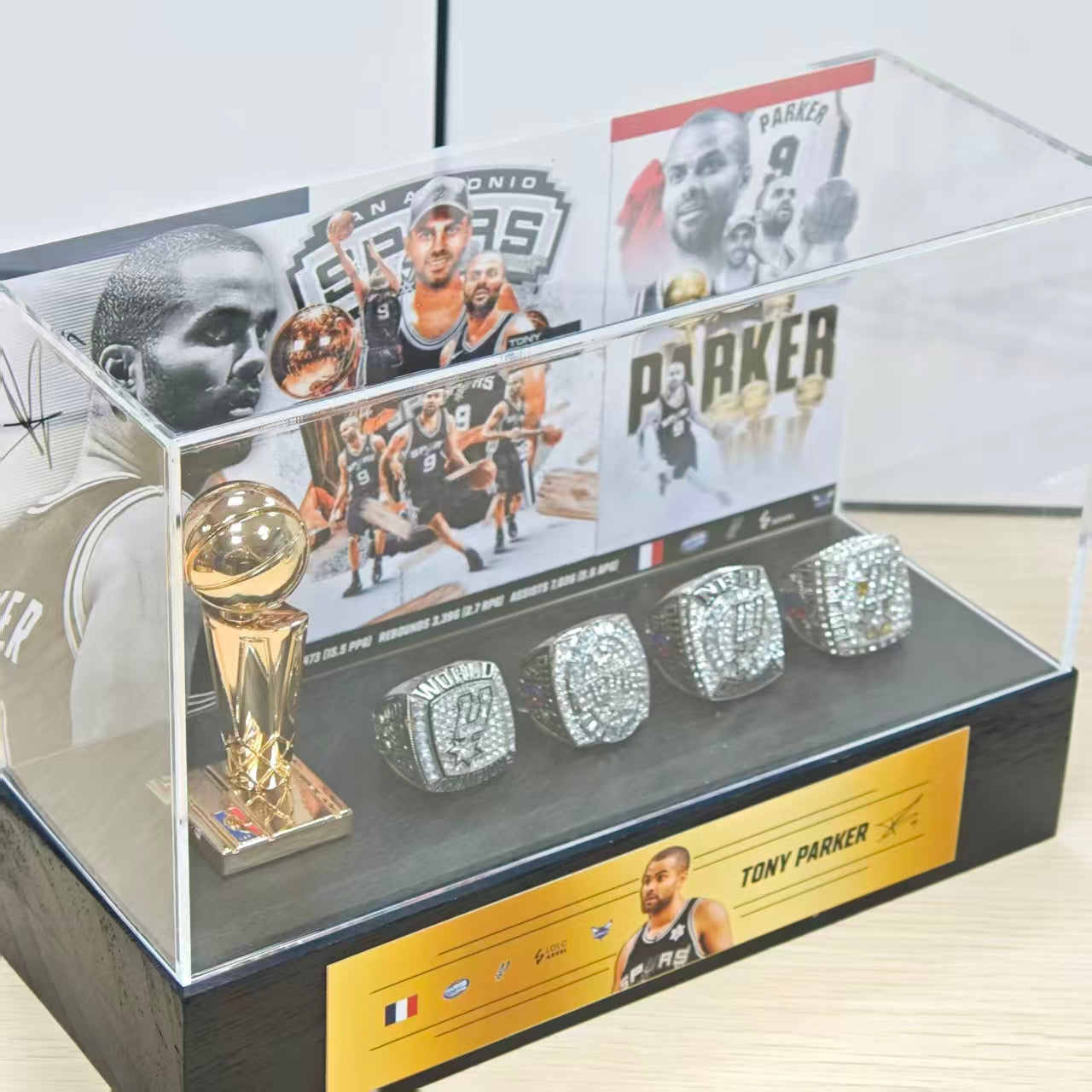 France NBA Star Tony Parker Championship Trophy & Rings Display Case (San Antonio Spurs)