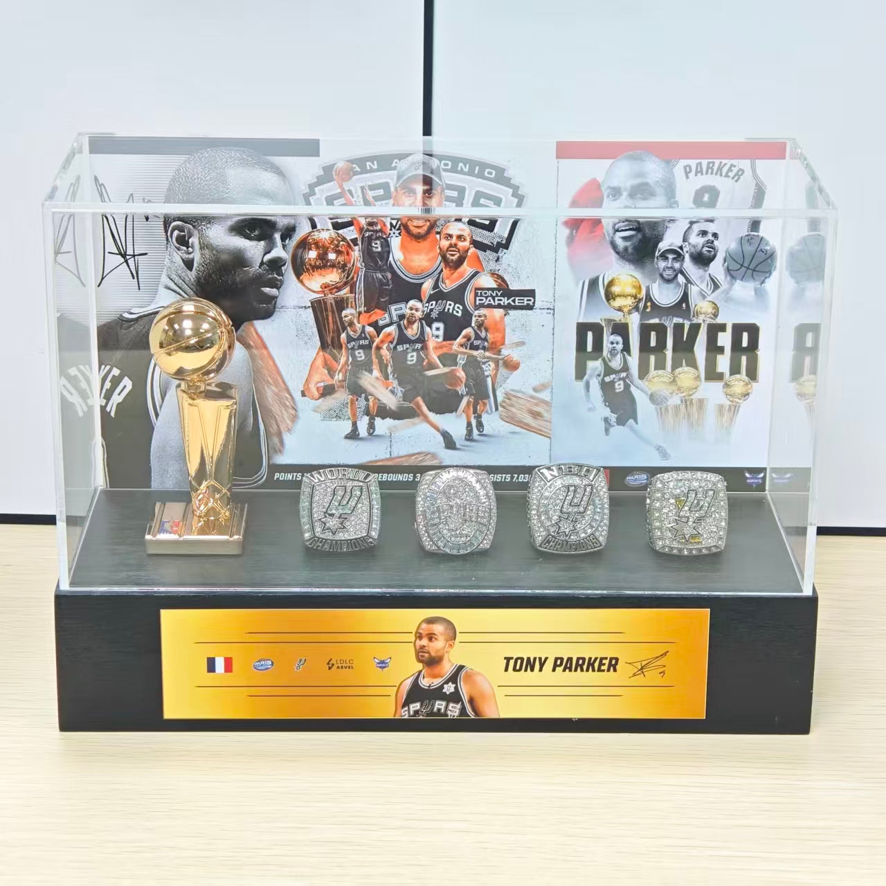 France NBA Star Tony Parker Championship Trophy & Rings Display Case (San Antonio Spurs)