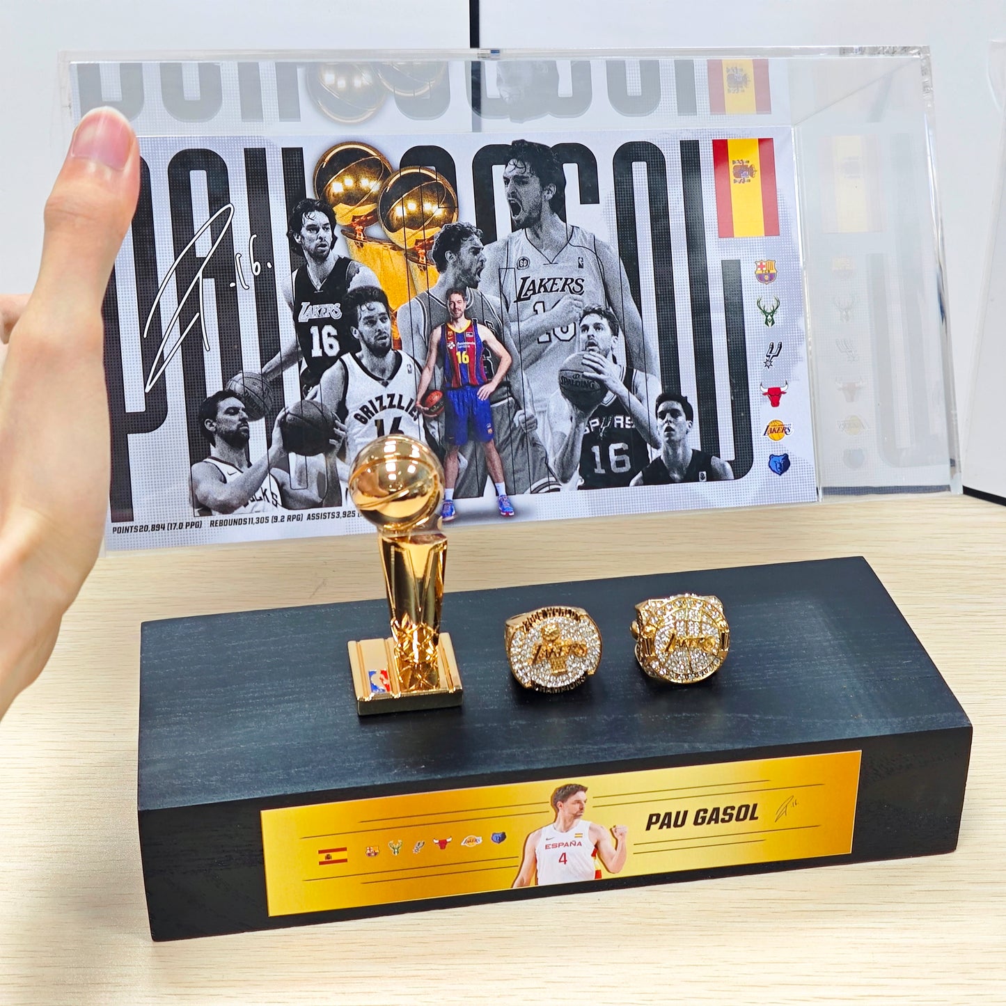 Spanish NBA Star Pau Gasol Championship Trophy & Rings Display Case (Lakers/Bulls/Spurs Era)