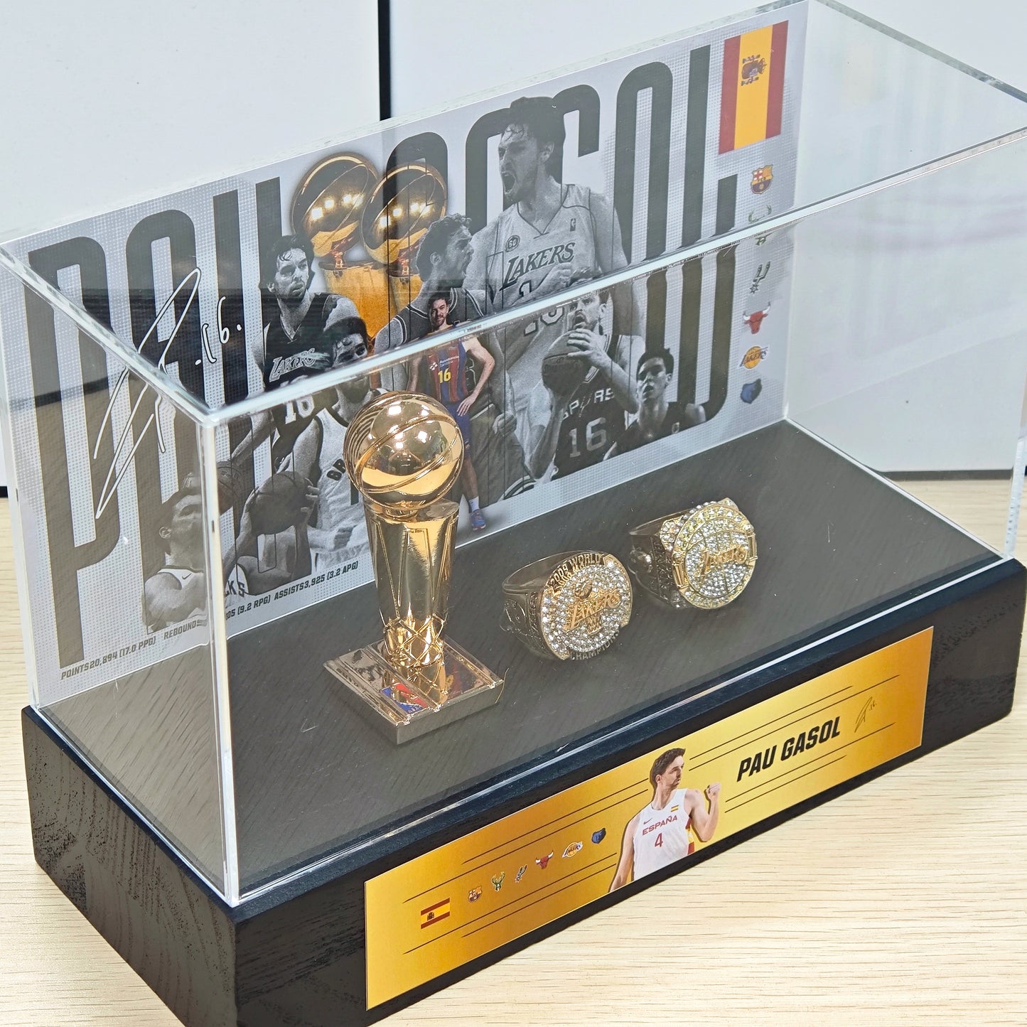 Spanish NBA Star Pau Gasol Championship Trophy & Rings Display Case (Lakers/Bulls/Spurs Era)