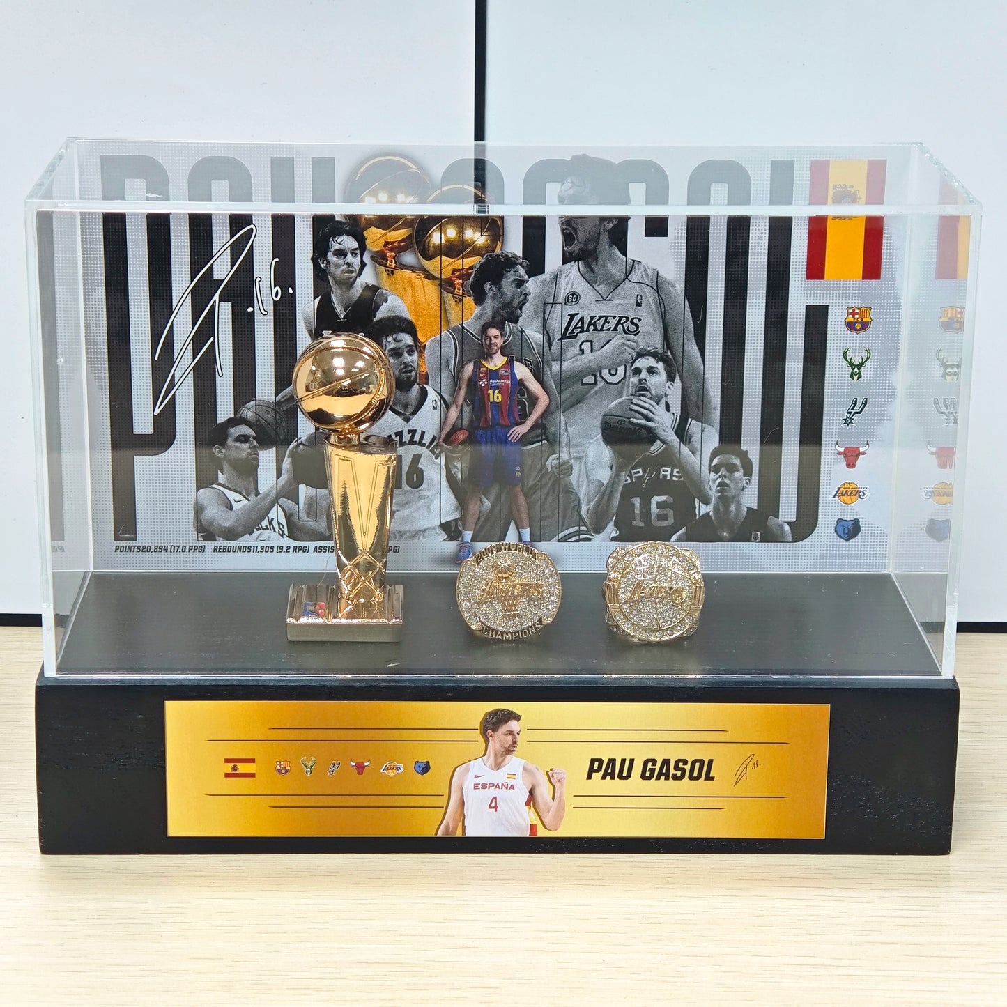 Spanish NBA Star Pau Gasol Championship Trophy & Rings Display Case (Lakers/Bulls/Spurs Era)
