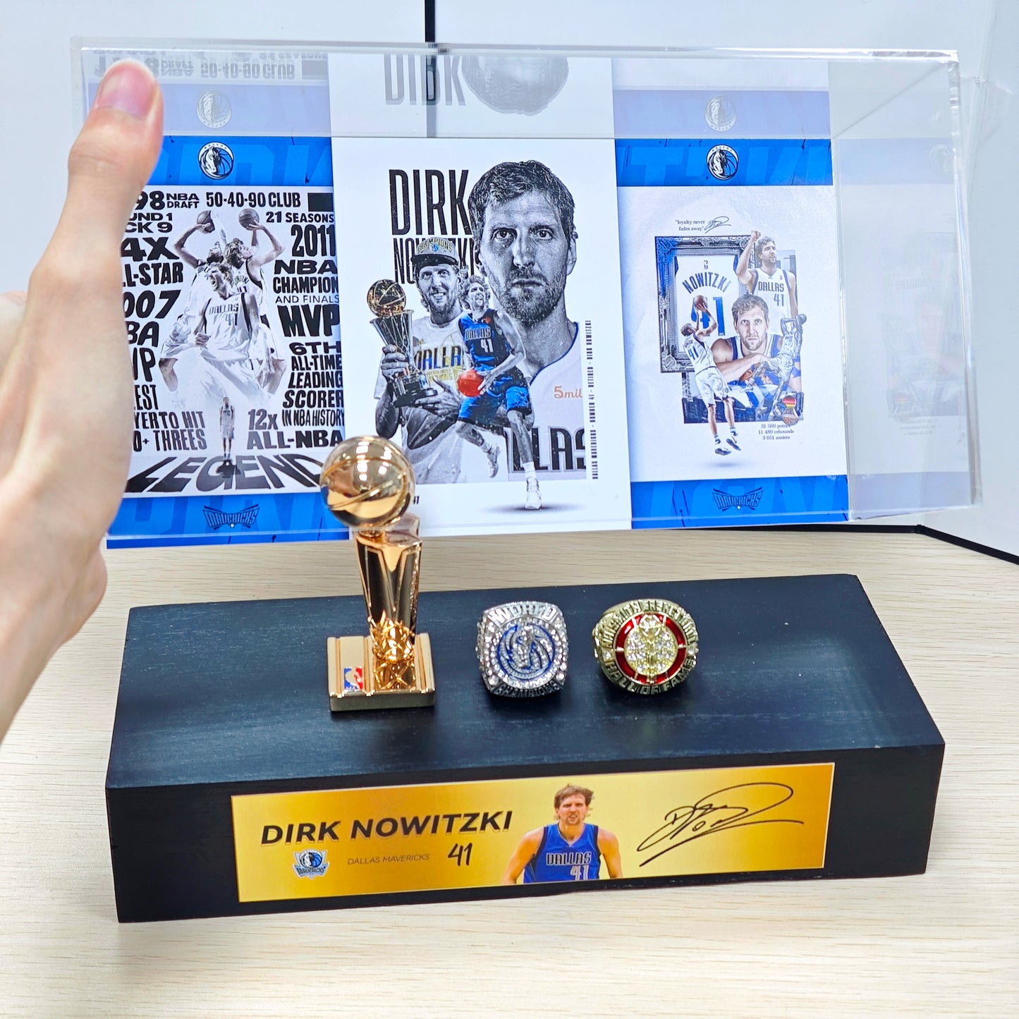 German NBA Star Dirk Nowitzki Championship Trophy & Rings Display Case (Dallas Mavericks Era)