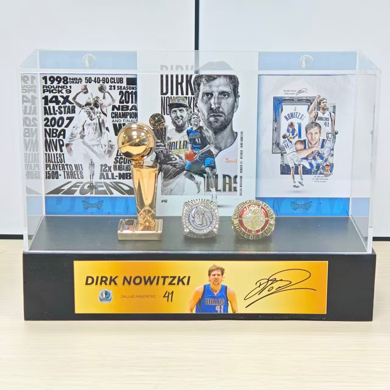 German NBA Star Dirk Nowitzki Championship Trophy & Rings Display Case (Dallas Mavericks Era)