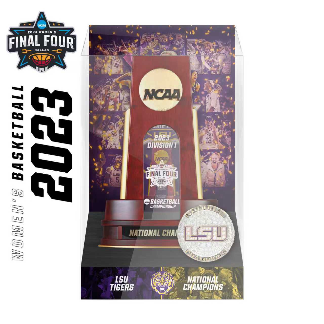 2023 LSU Women's Basketball Championship trophy and ring Display case