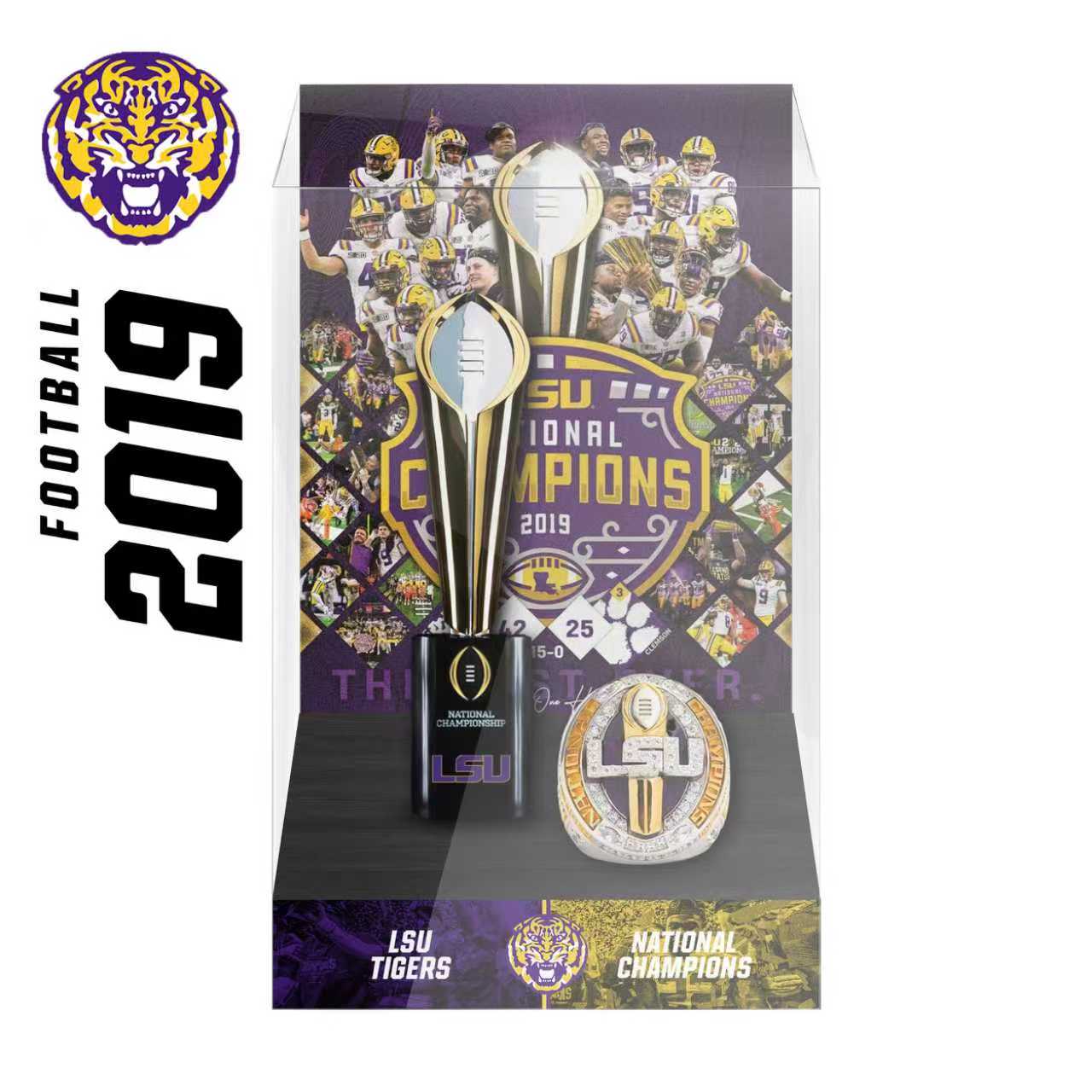 2019 LSU Tigers Football Championship trophy and ring Display case