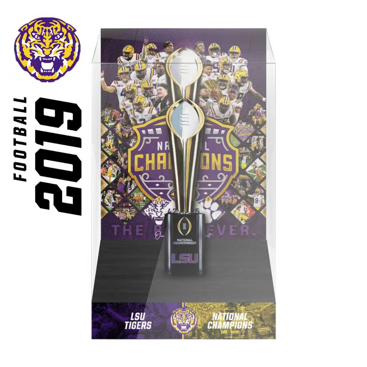 2019 LSU Tigers Football Championship trophy and ring Display case