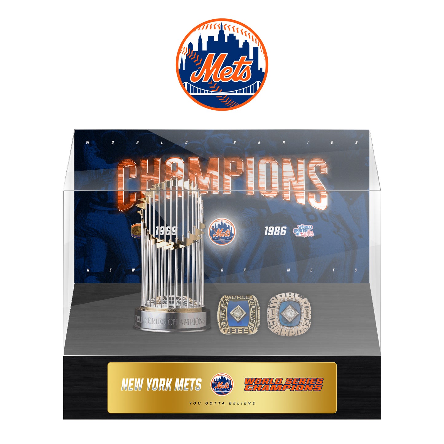 New York Mets MLB World Series Championship Trophy And Ring Display Case