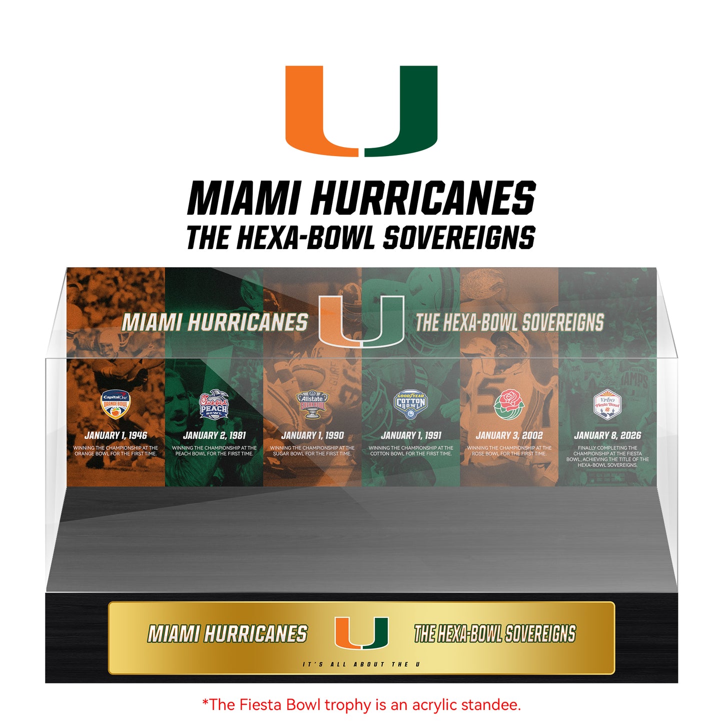Miami Hurricanes Bowl Games Champions Trophy Display Case