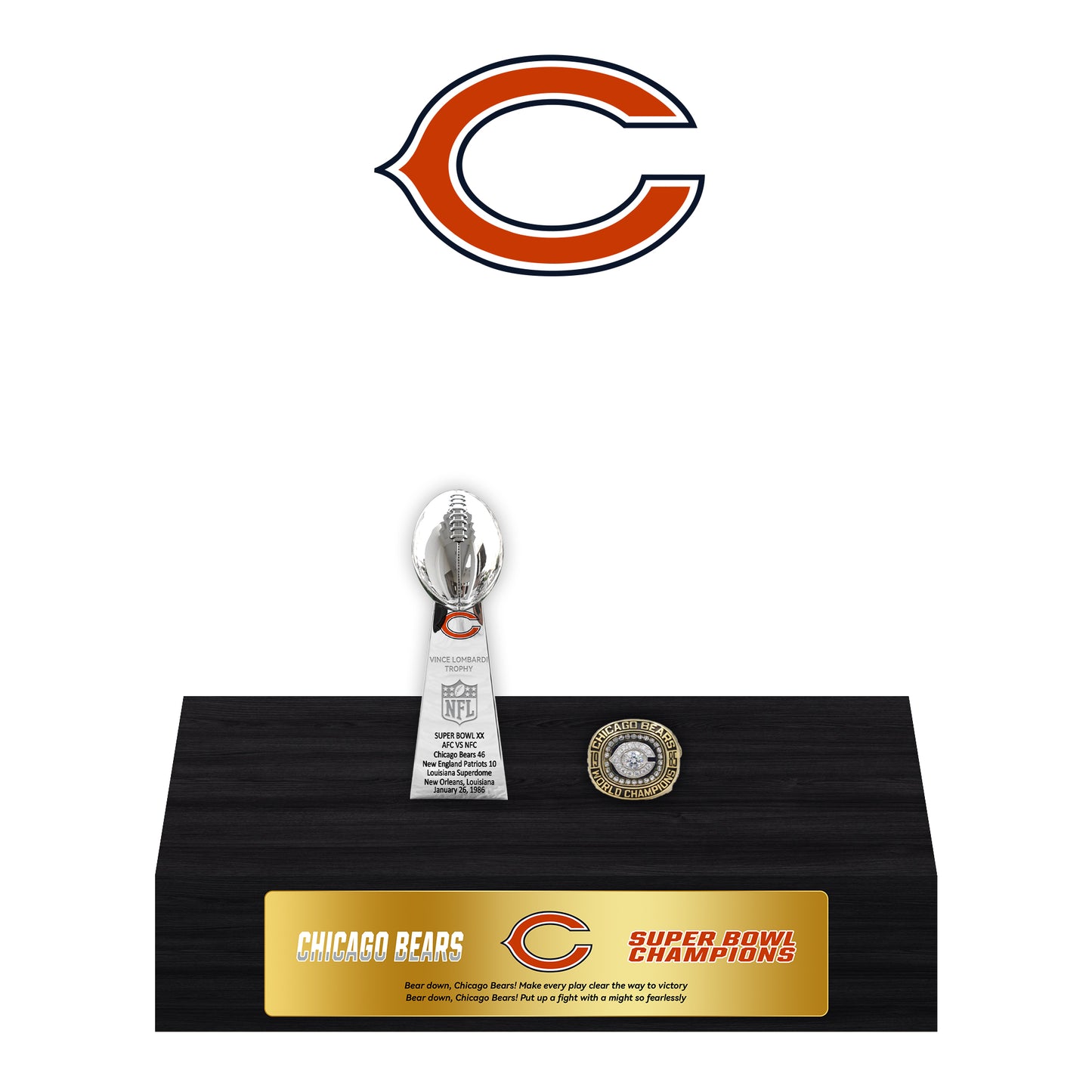 Chicago Bears Super Bowl Championship Trophy Ring Display Case