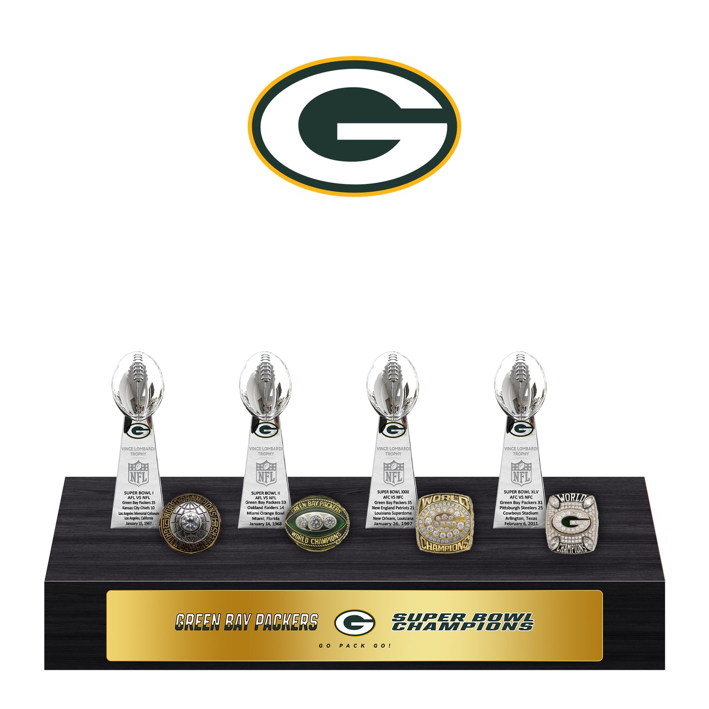 Green Bay Packers Super Bowl Championship Trophy Ring Display Case