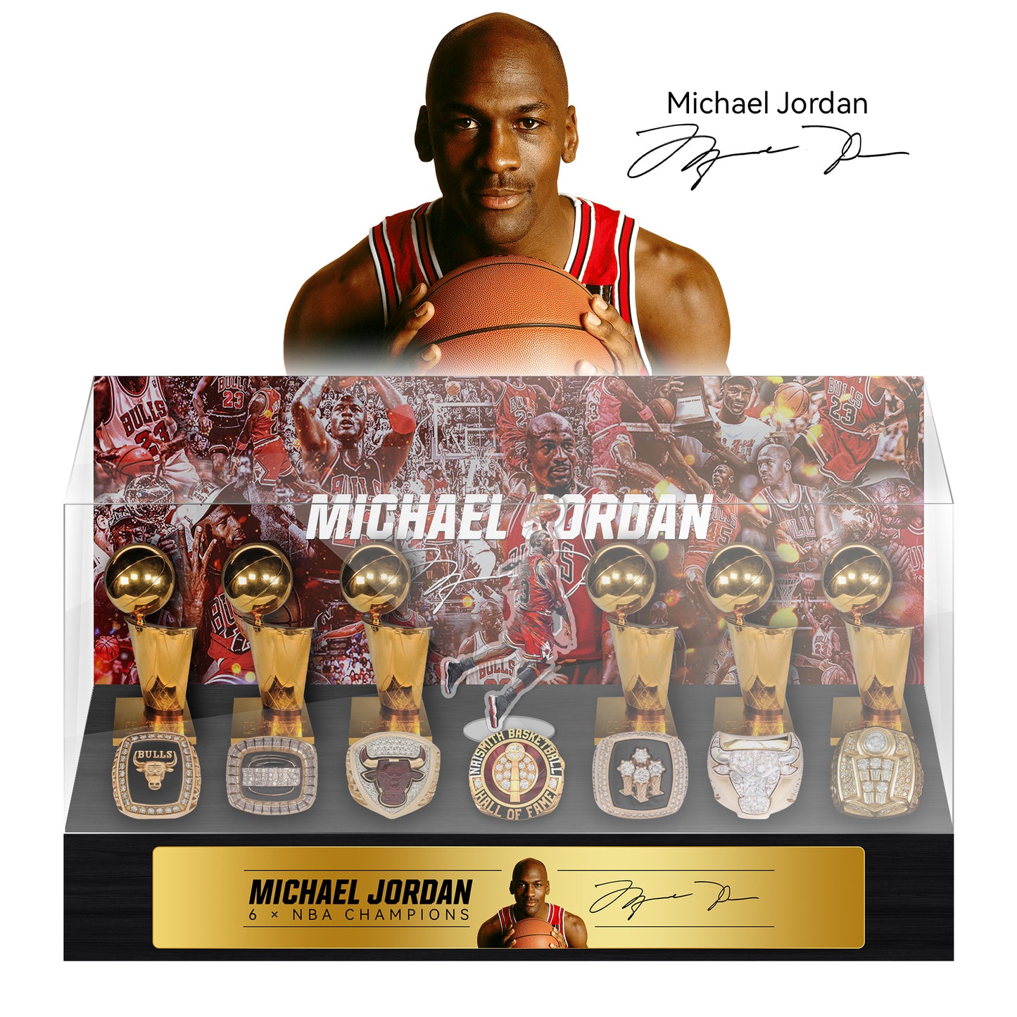 Michael Jordan NBA Championship Trophy And  Rings Display Case