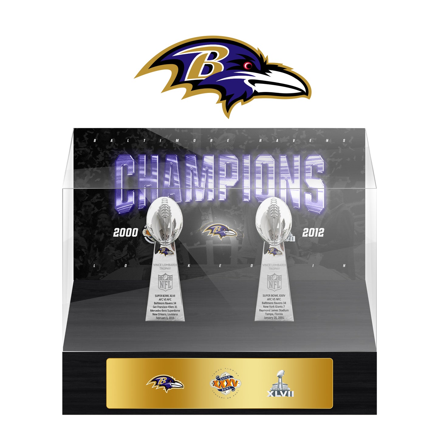 Baltimore Ravens Super Bowl Championship Trophy Ring Display Case