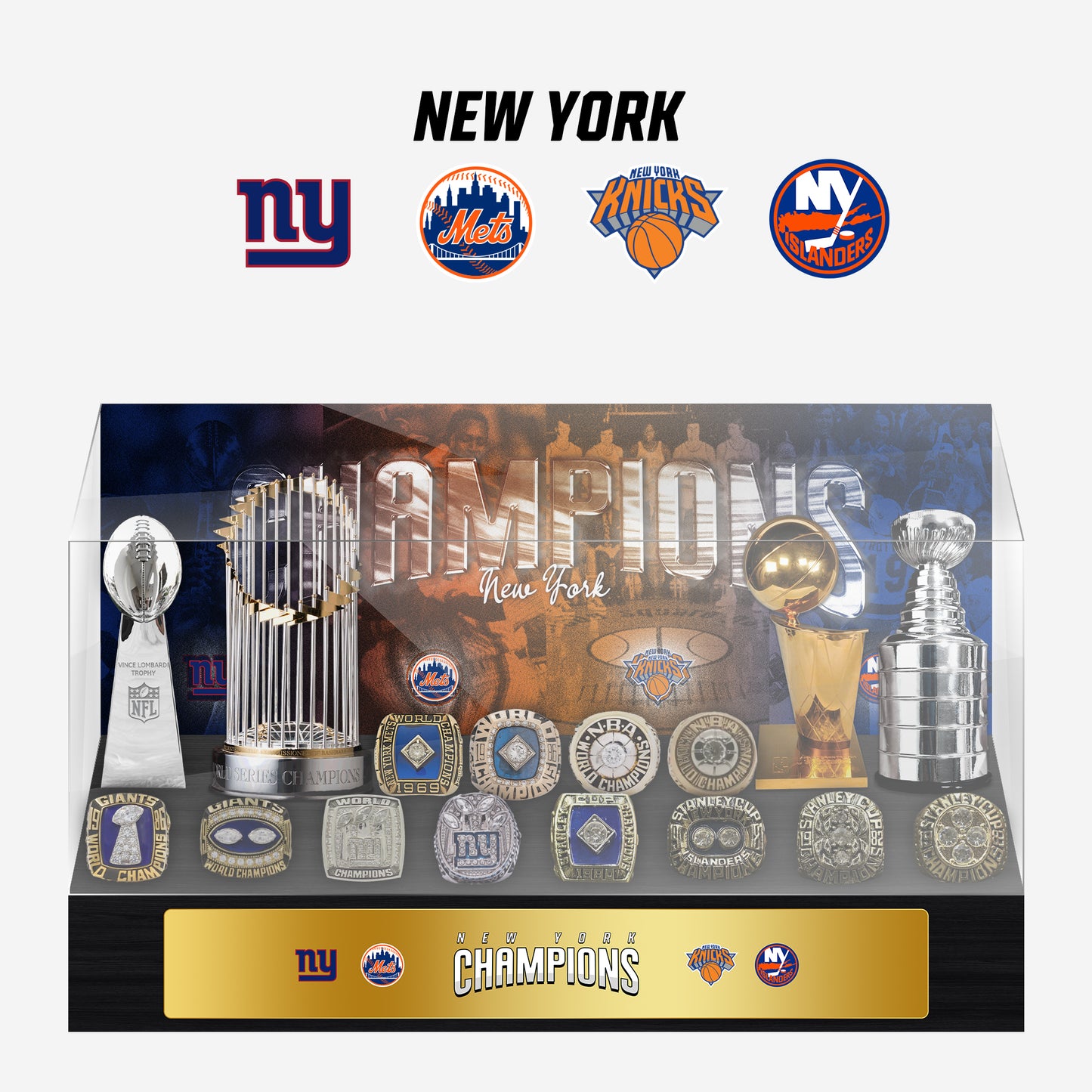 New York Championship Trophy and Rings Display Case