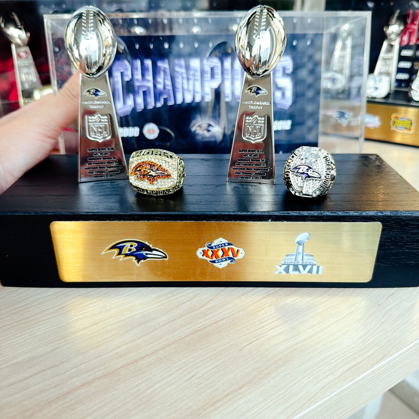 Baltimore Ravens Super Bowl Championship Trophy Ring Display Case