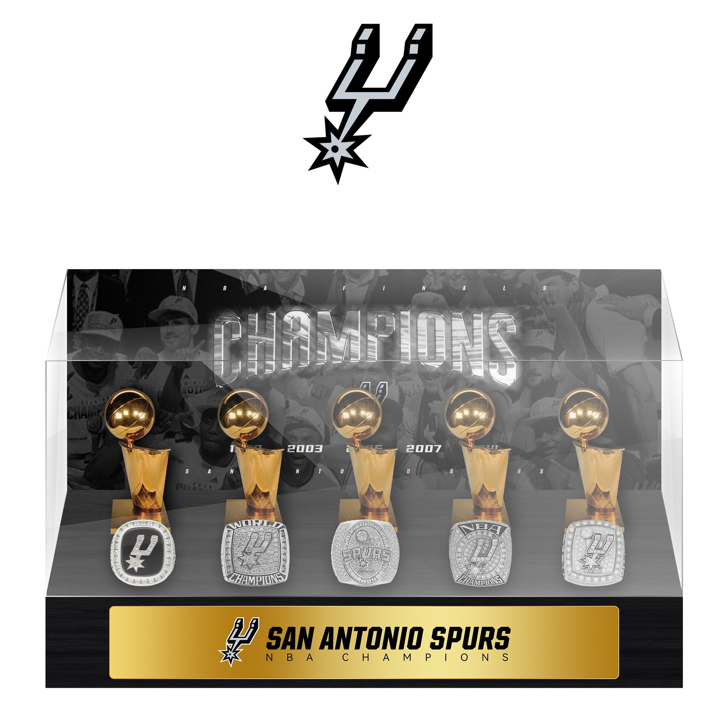 San Antonio Spurs NBA Trophy And Ring Display Case SET