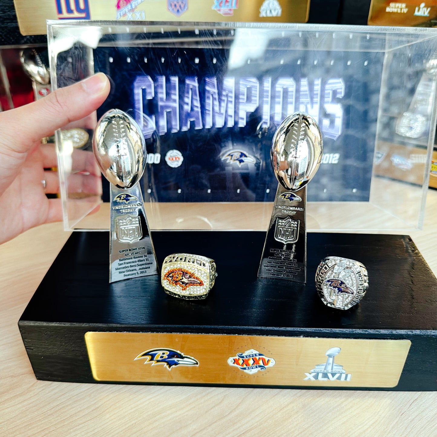 Baltimore Ravens Super Bowl Championship Trophy Ring Display Case