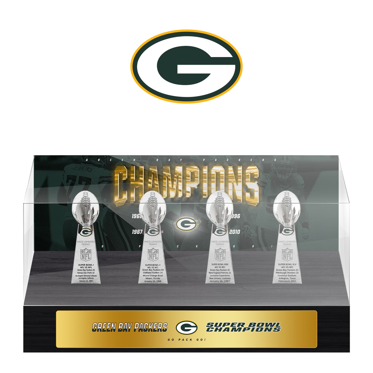 Green Bay Packers Super Bowl Championship Trophy Ring Display Case