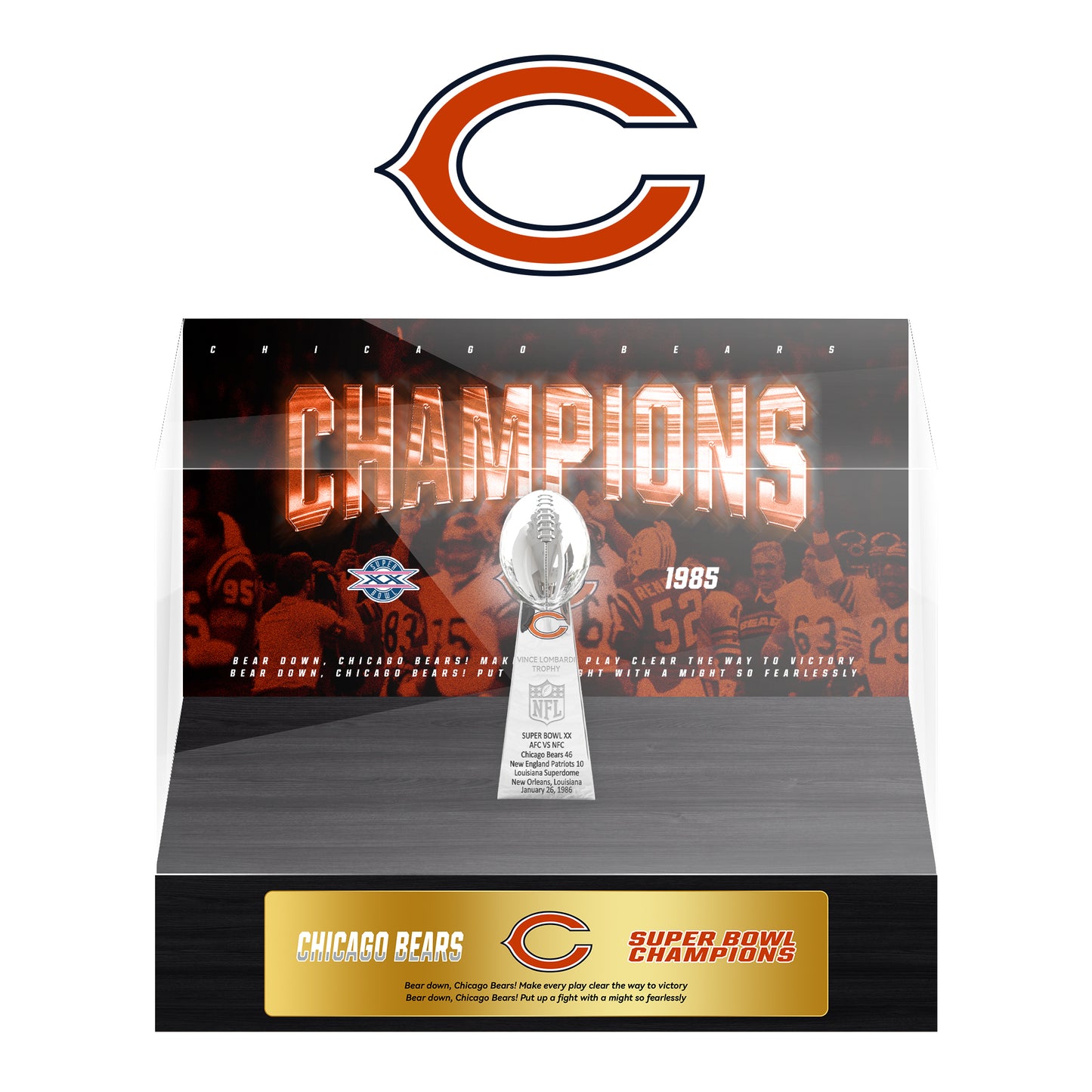 Chicago Bears Super Bowl Championship Trophy Ring Display Case