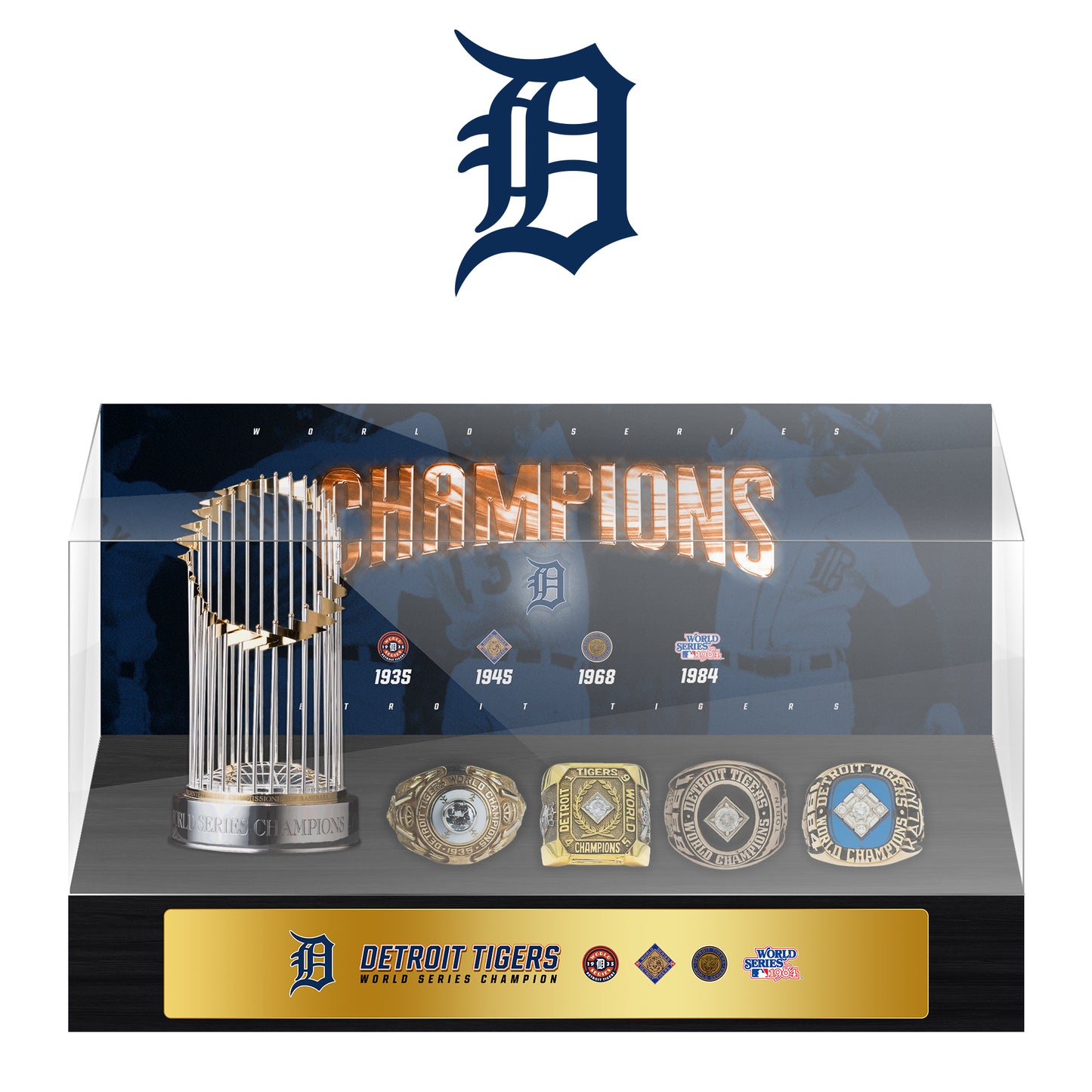 Detroit Tiger MLB World Series Championship Trophy And Ring Display Case