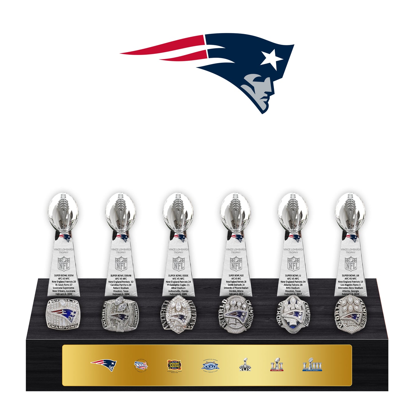 New England Patriots Super Bowl Championship Trophy Ring Display Case