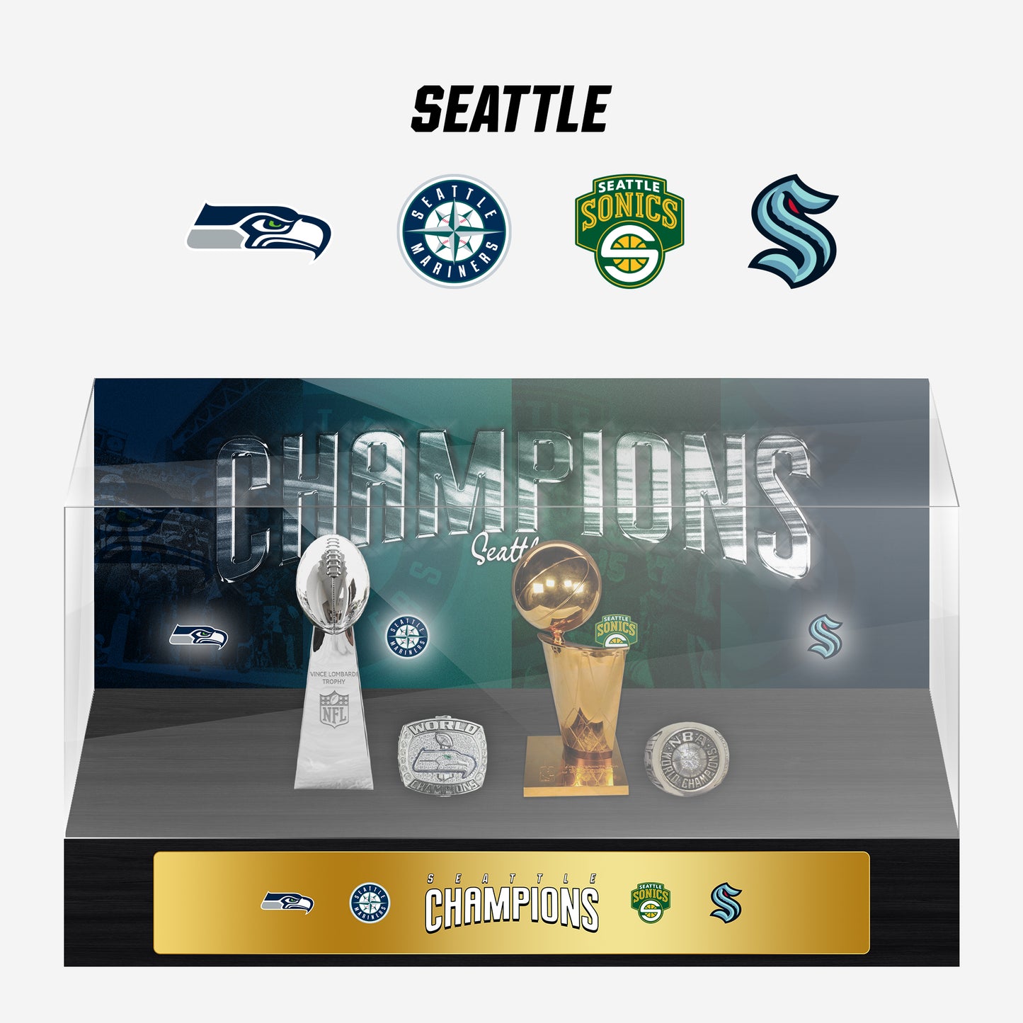 Seattle Championship Trophy and Rings Display Case