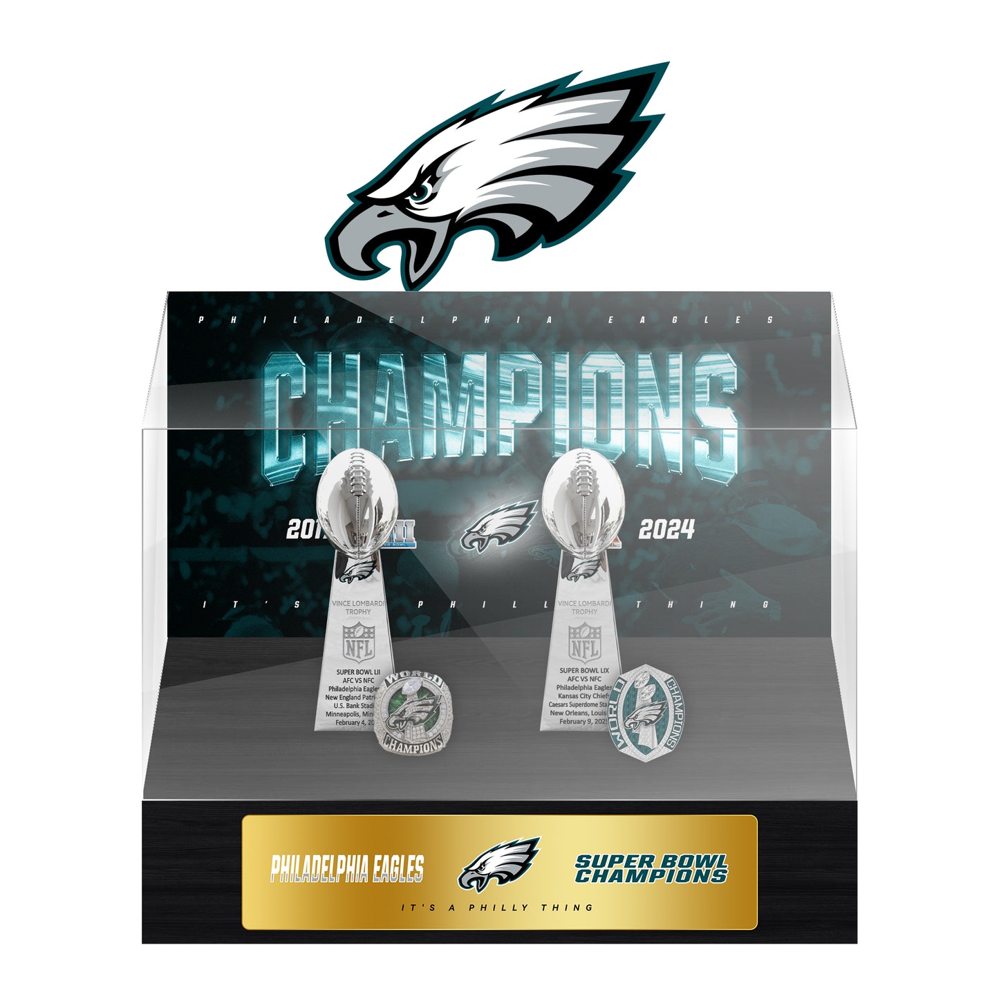 Philadelphia Eagles Super Bowl Championship Trophy Ring Display Case