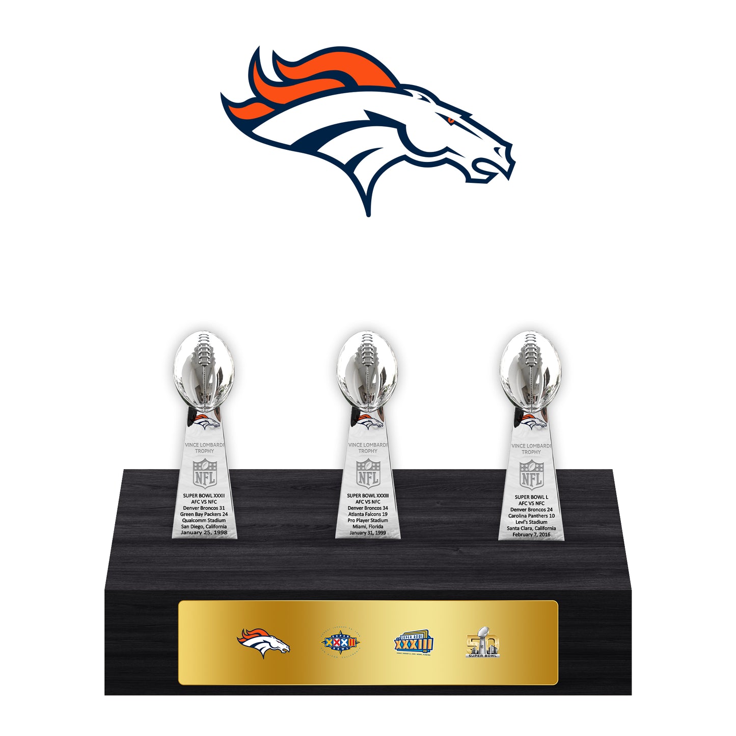 Denver Broncos Super Bowl Championship Trophy Ring Display Case