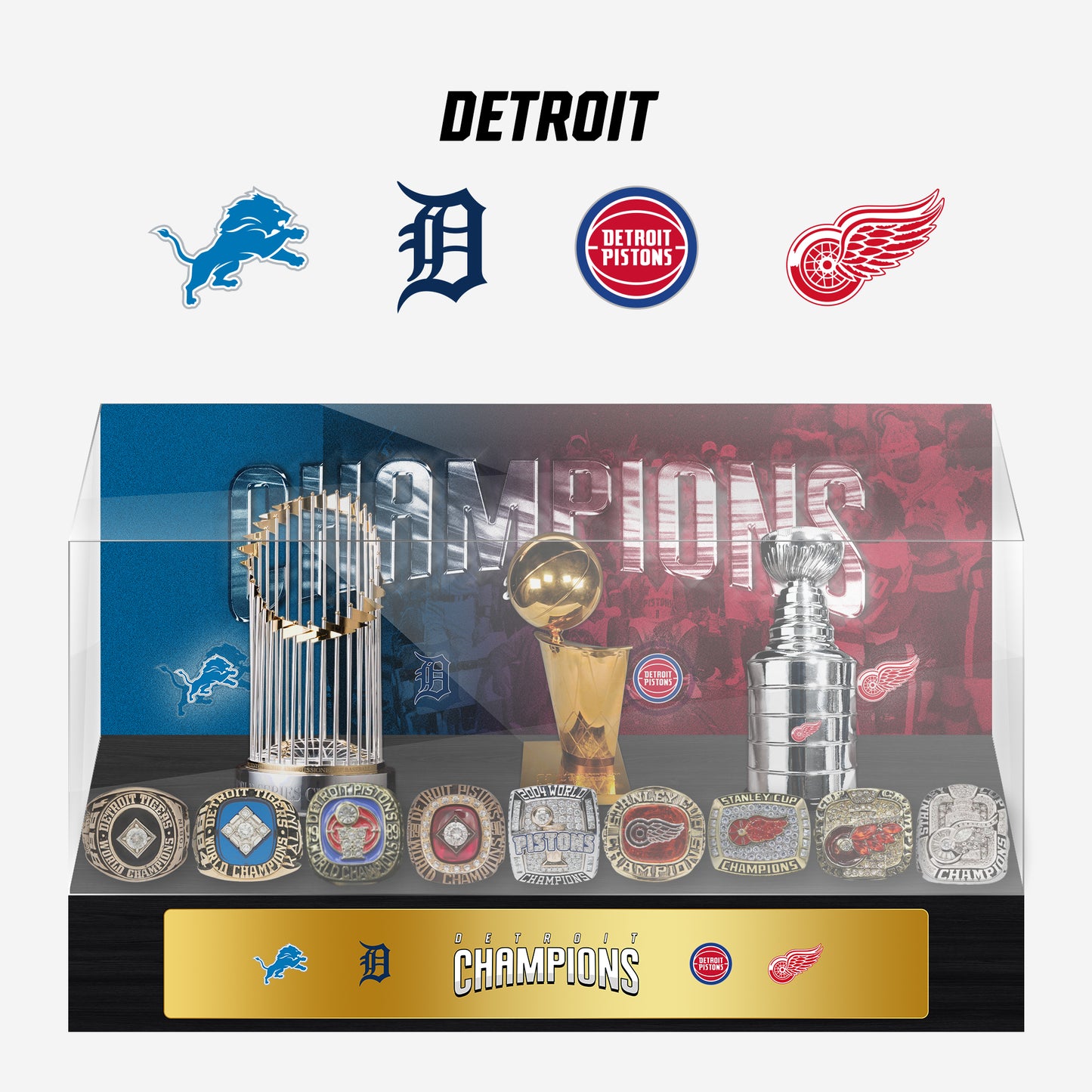 Detroit Championship Trophy and Rings Display Case