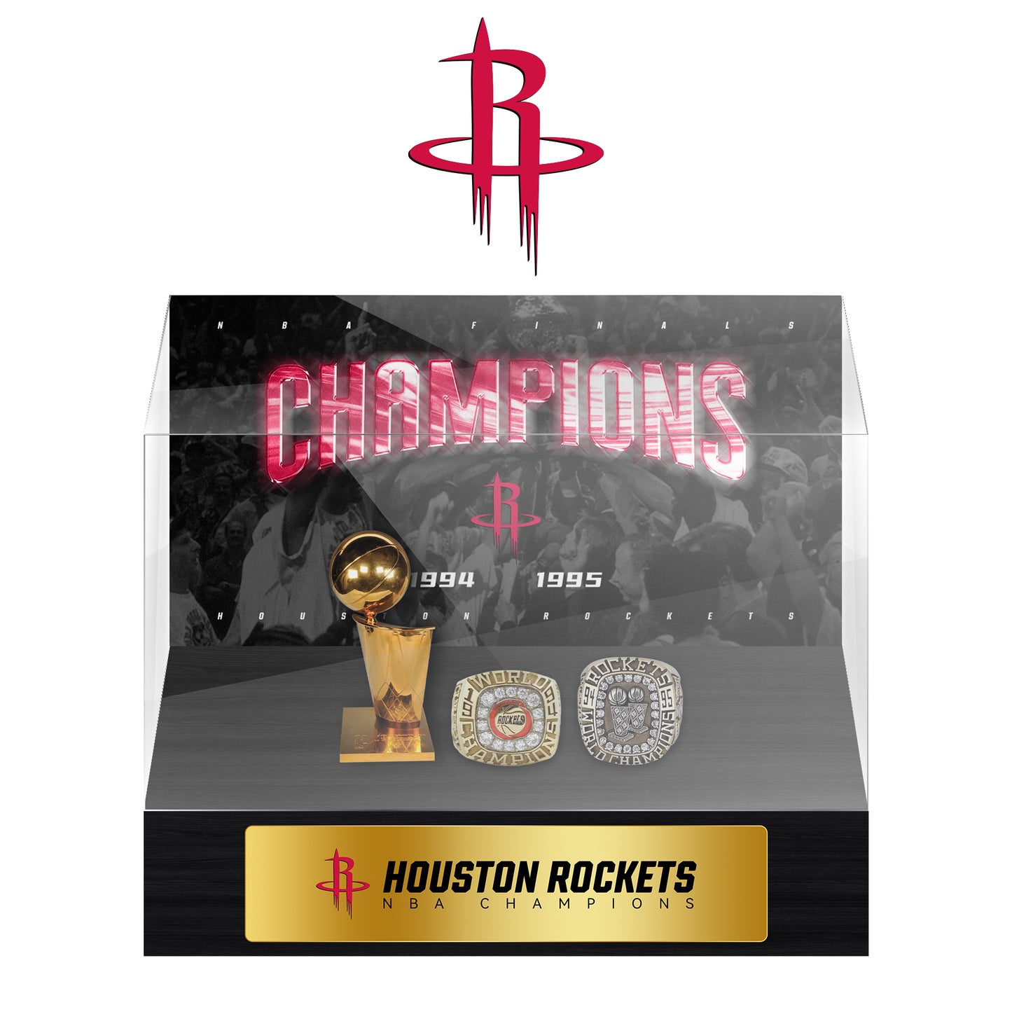 Houston Rockets NBA Trophy And Ring Display Case SET