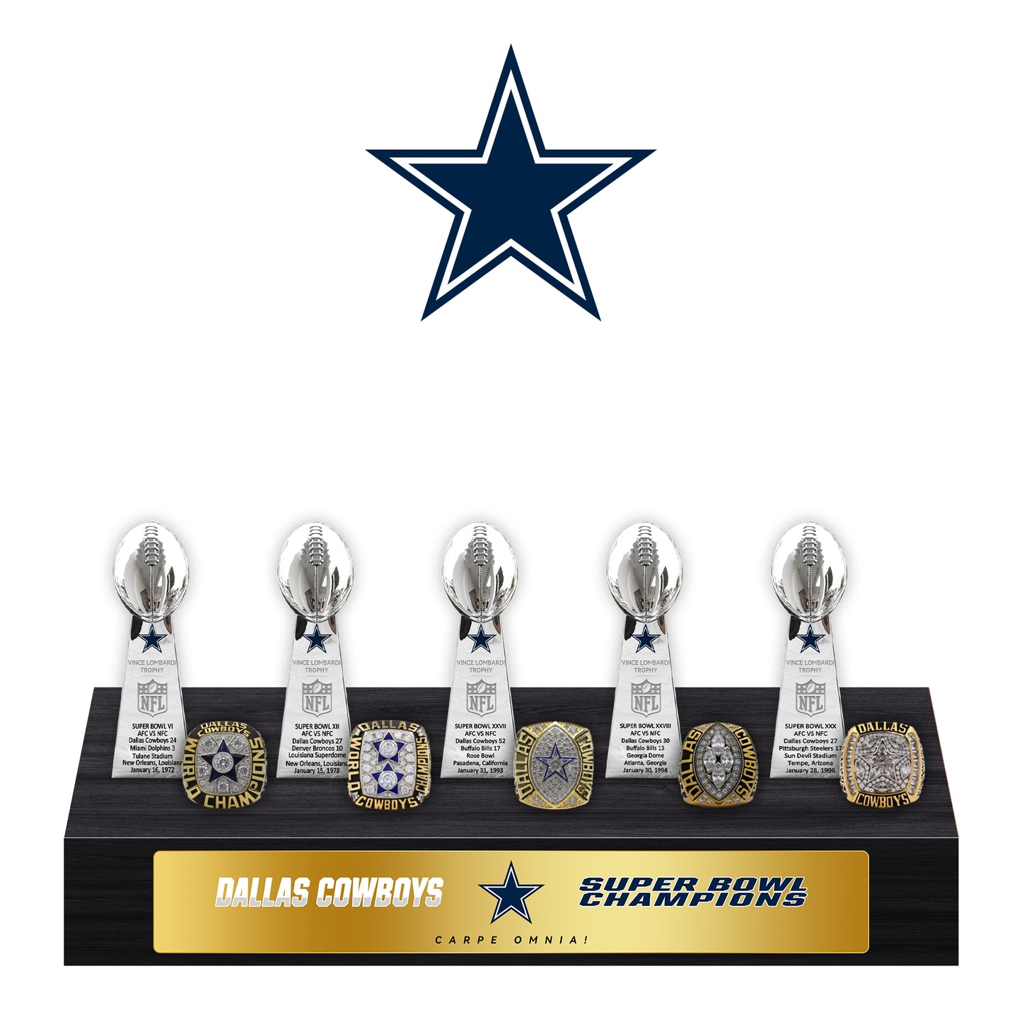 Dallas Cowboys Super Bowl Championship Trophy Ring Display Case