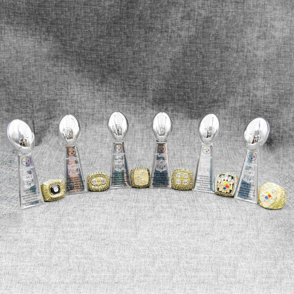 [Pittsburgh Steelers]6 Trophys and 6 Pcs Ring Set + Box NFL