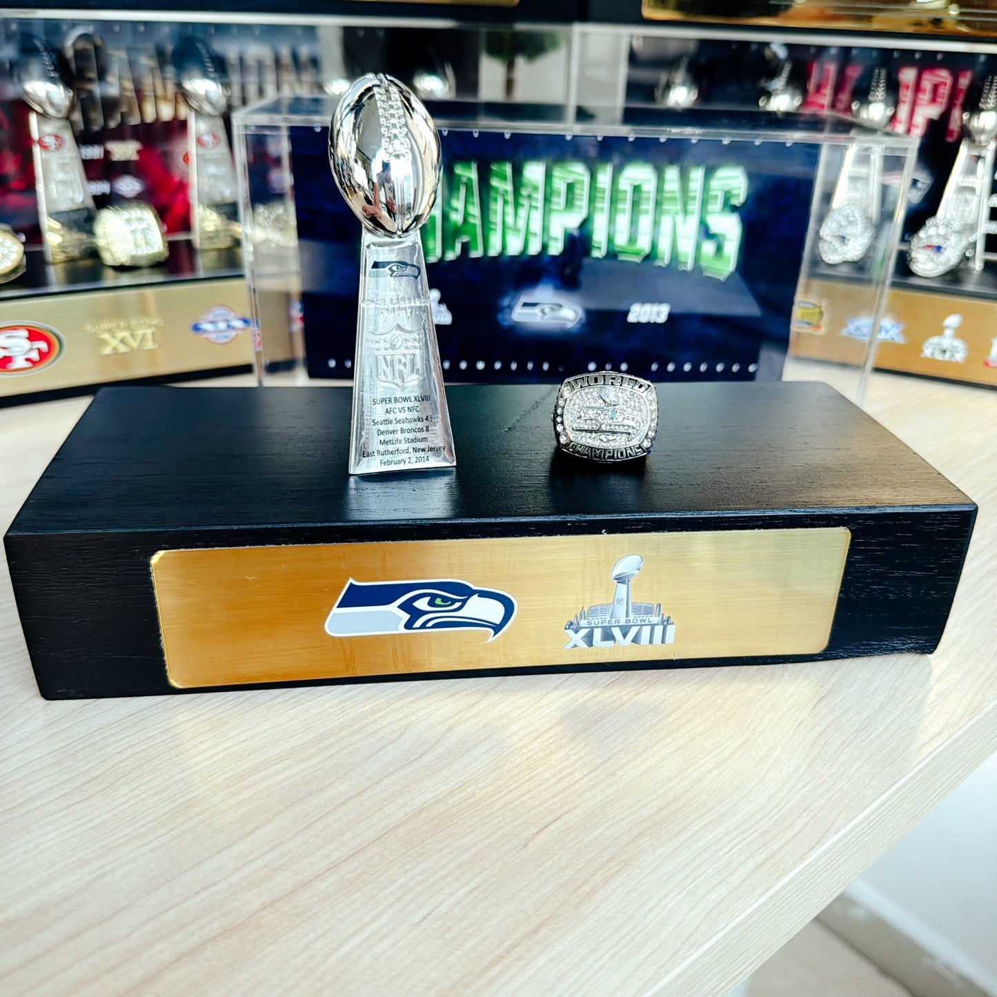 Seattle Seahawks Super Bowl Championship Trophy Ring Display Case