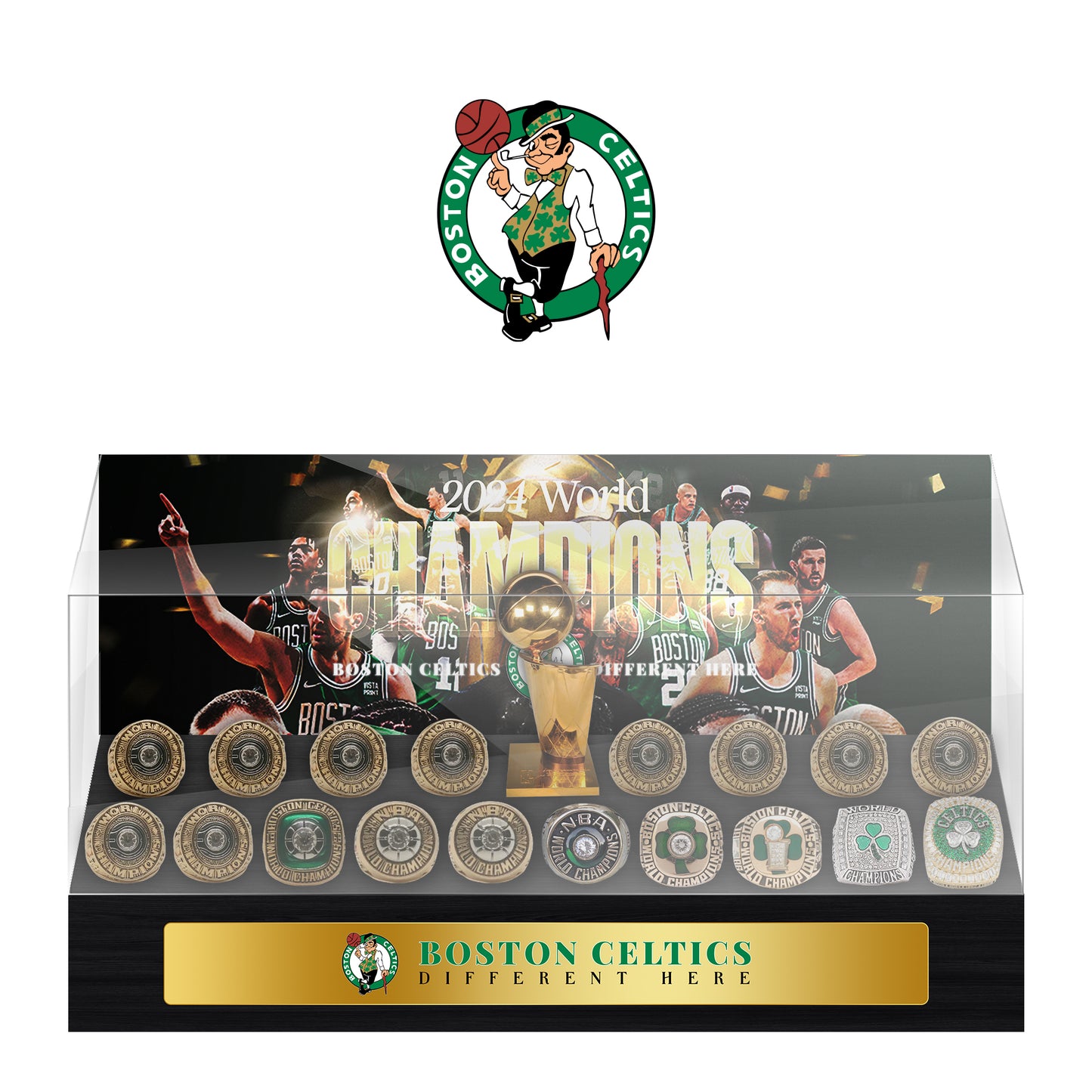 Boston Celtics NBA Trophy And Ring Display Case SET